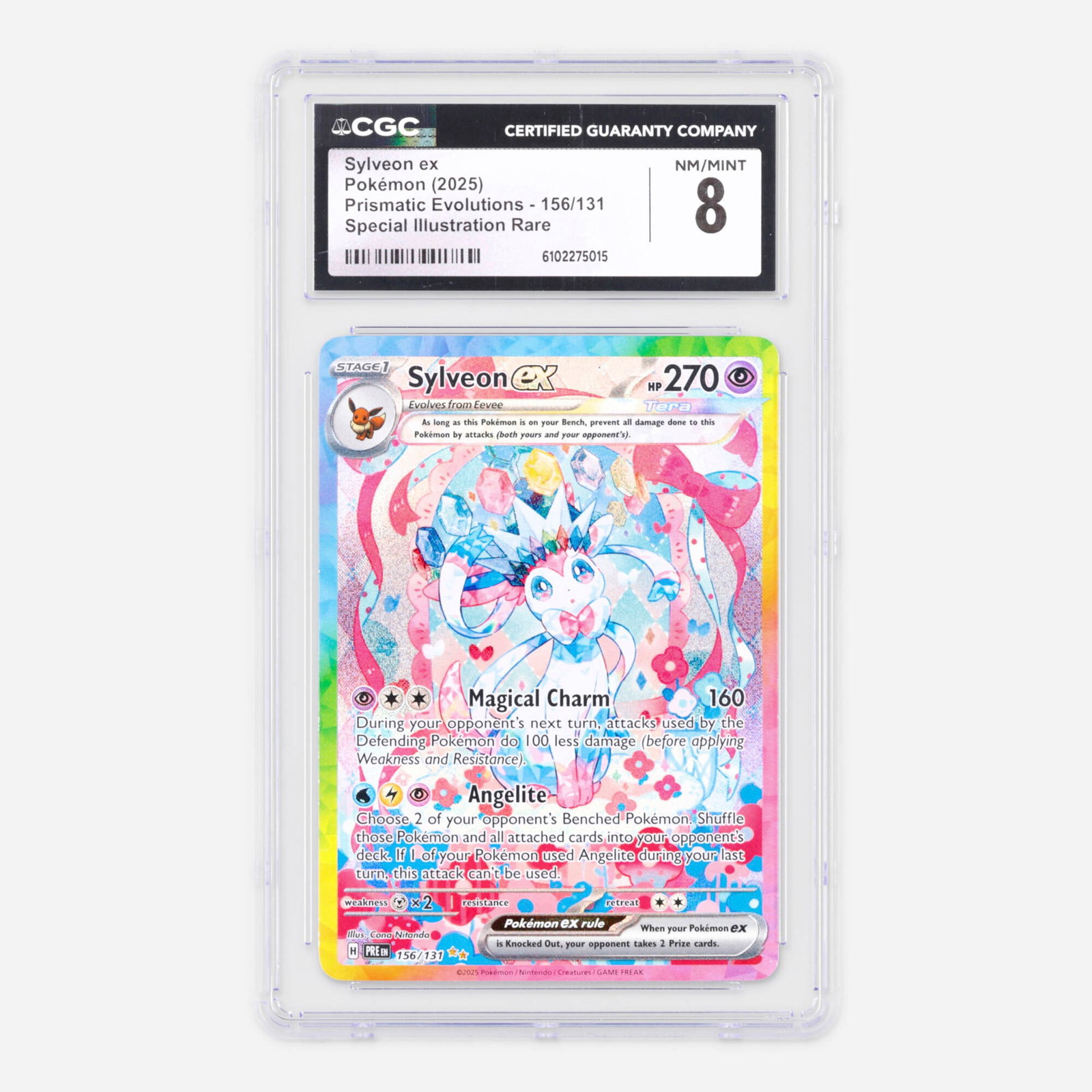 2025 Pokemon Prismatic Evolutions 156/131 Sylveon ex Special Illustration Rare Trading Card CGC 8: 2025 Pokemon Prismatic Evolutions 156/131 Sylveon ex Special Illustration Rare Trading Card CGC 8 USA, 2025 CGC#: 6102275015 Population: 22 In 8, 360 Higher