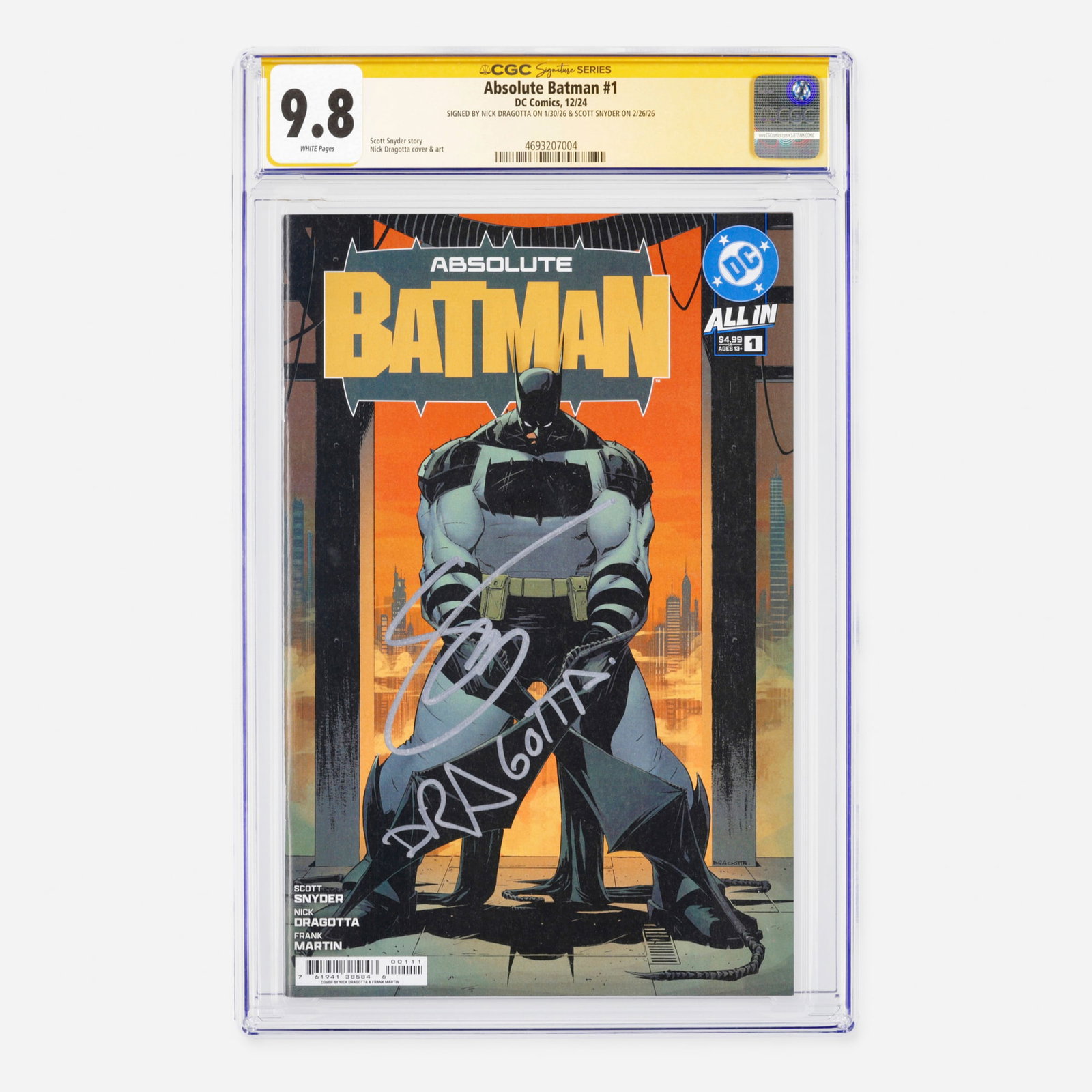 DC Comics Absolute Batman #1 CGC 9.8 Signature Series Nick Dragotta and Scott Snyder: DC Comics Absolute Batman #1 CGC 9.8 Signature Series Nick Dragotta and Scott Snyder USA, 2024 This Modern Age debut marks the first appearance of the Absolute Batman universe. Written by Scott Snyder
