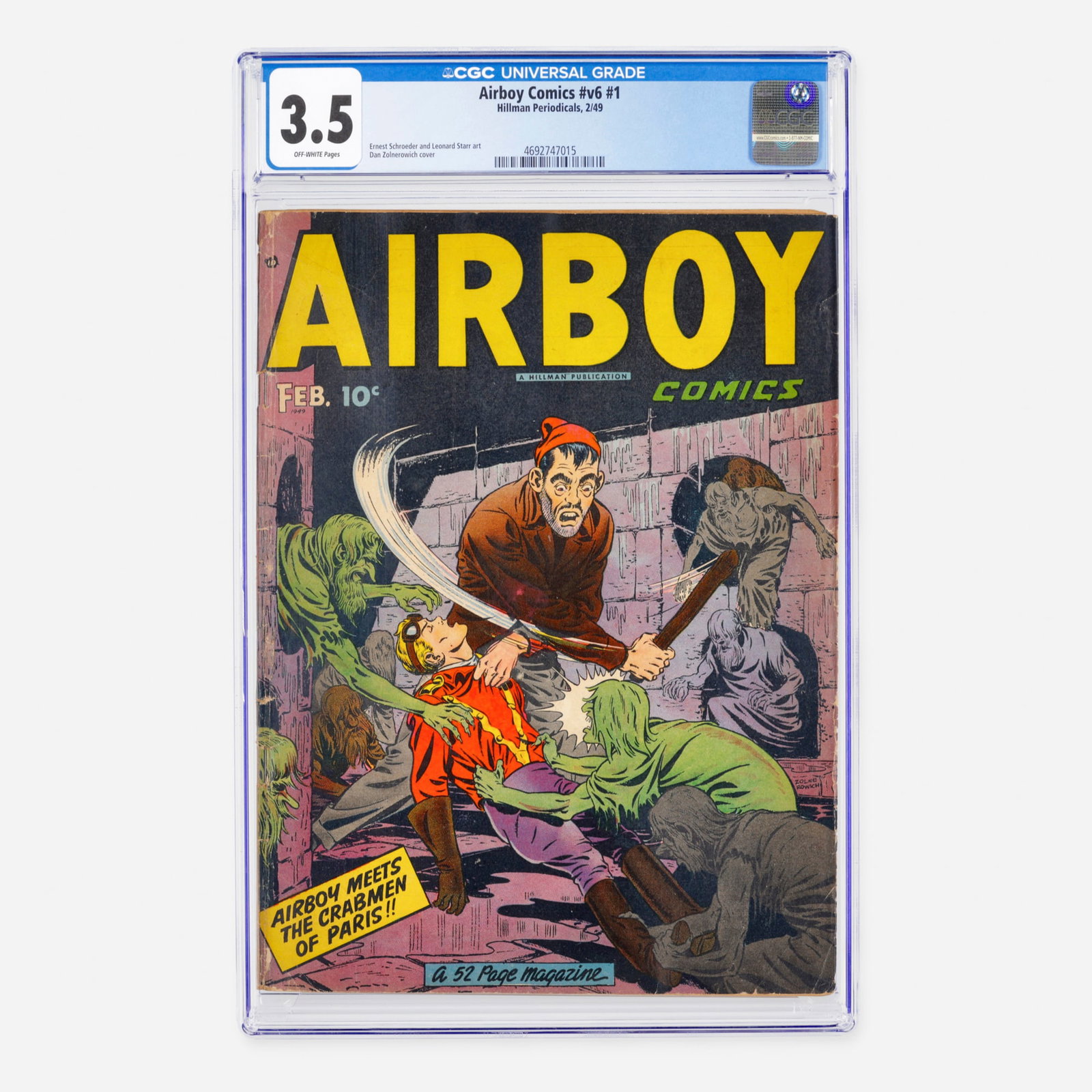 Hillman Periodicals Airboy Comics #v6 #1 CGC 3.5: Hillman Periodicals Airboy Comics #v6 #1 CGC 3.5 USA, 1949 This Golden Age classic features a cover by Dan Zolnerowich and interior work by Ernest Schroeder and Leonard Starr. As a vintage 1949