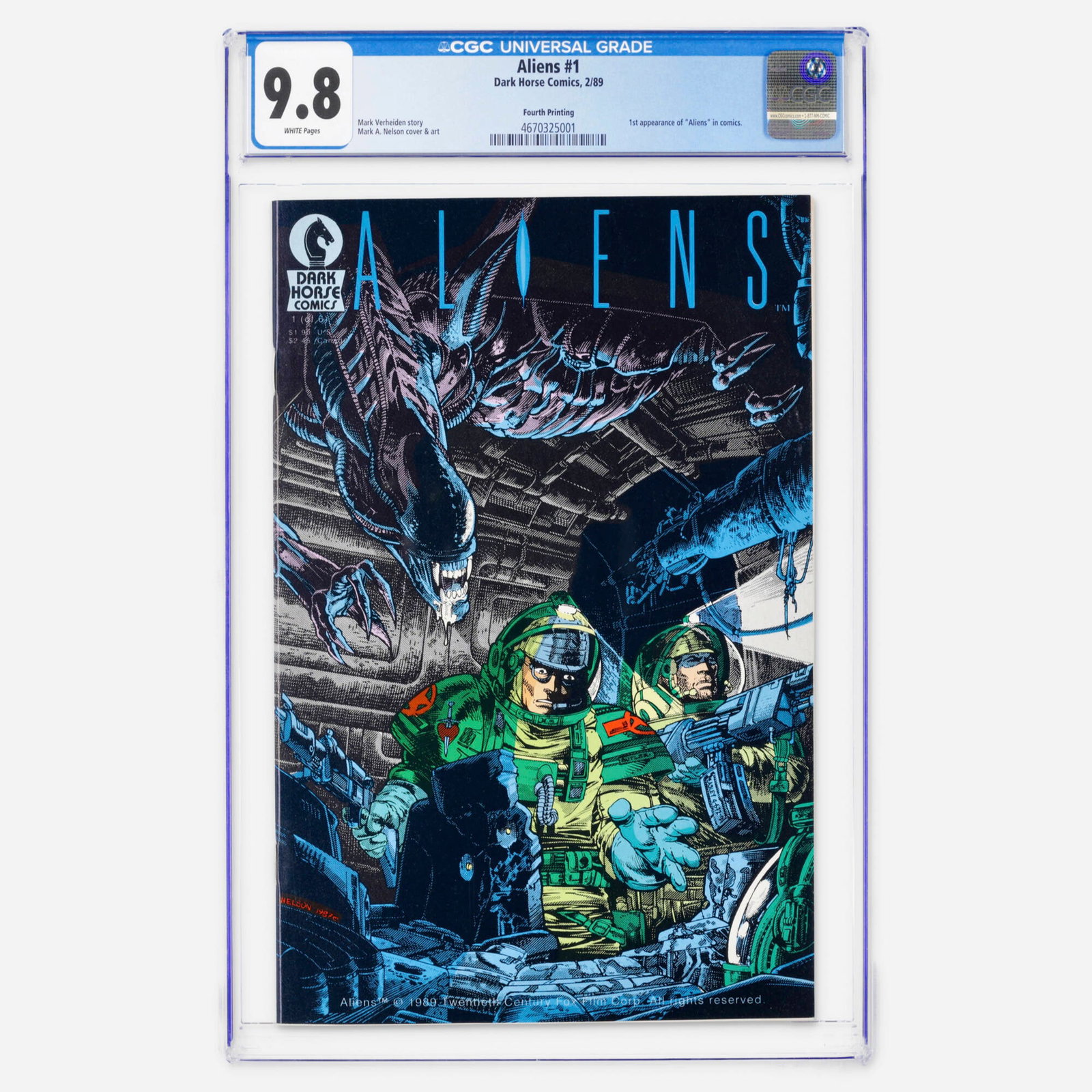 Dark Horse Comics Aliens #1 CGC 9.8 Fourth Printing: Dark Horse Comics Aliens #1 CGC 9.8 Fourth Printing USA 1989 This Fourth Printing of the Modern Age landmark features the first appearance of Aliens in comics. Written by Mark Verheiden with