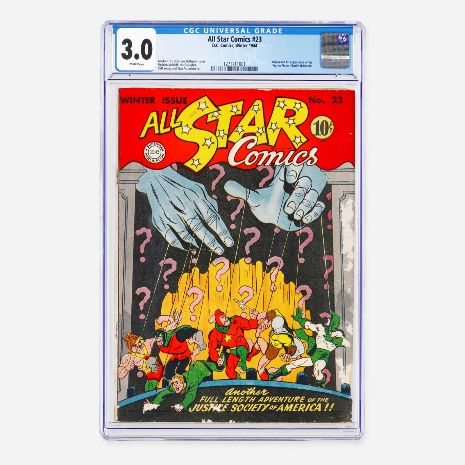 DC Comics All Star Comics #23 CGC 3.0: DC Comics All Star Comics #23 CGC 3.0 USA, 1944 This Golden Age landmark features the origin and first appearance of the Psycho Pirate (Charles Halstead). The issue is penned by Gardner Fox and