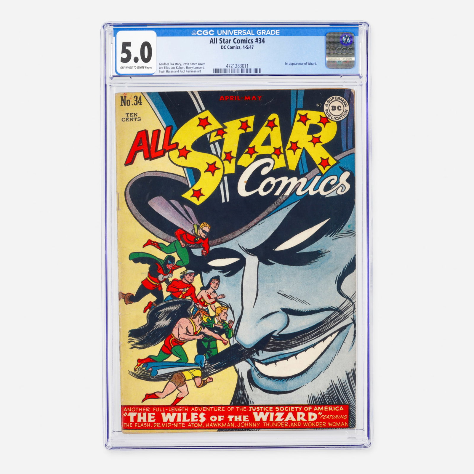 DC Comics All Star Comics #34 CGC 5.0: DC Comics All Star Comics #34 CGC 5.0 USA, 1947 This Golden Age milestone features the first appearance of the Wizard. Written by Gardner Fox with an Irwin Hasen cover, the book contains art by a
