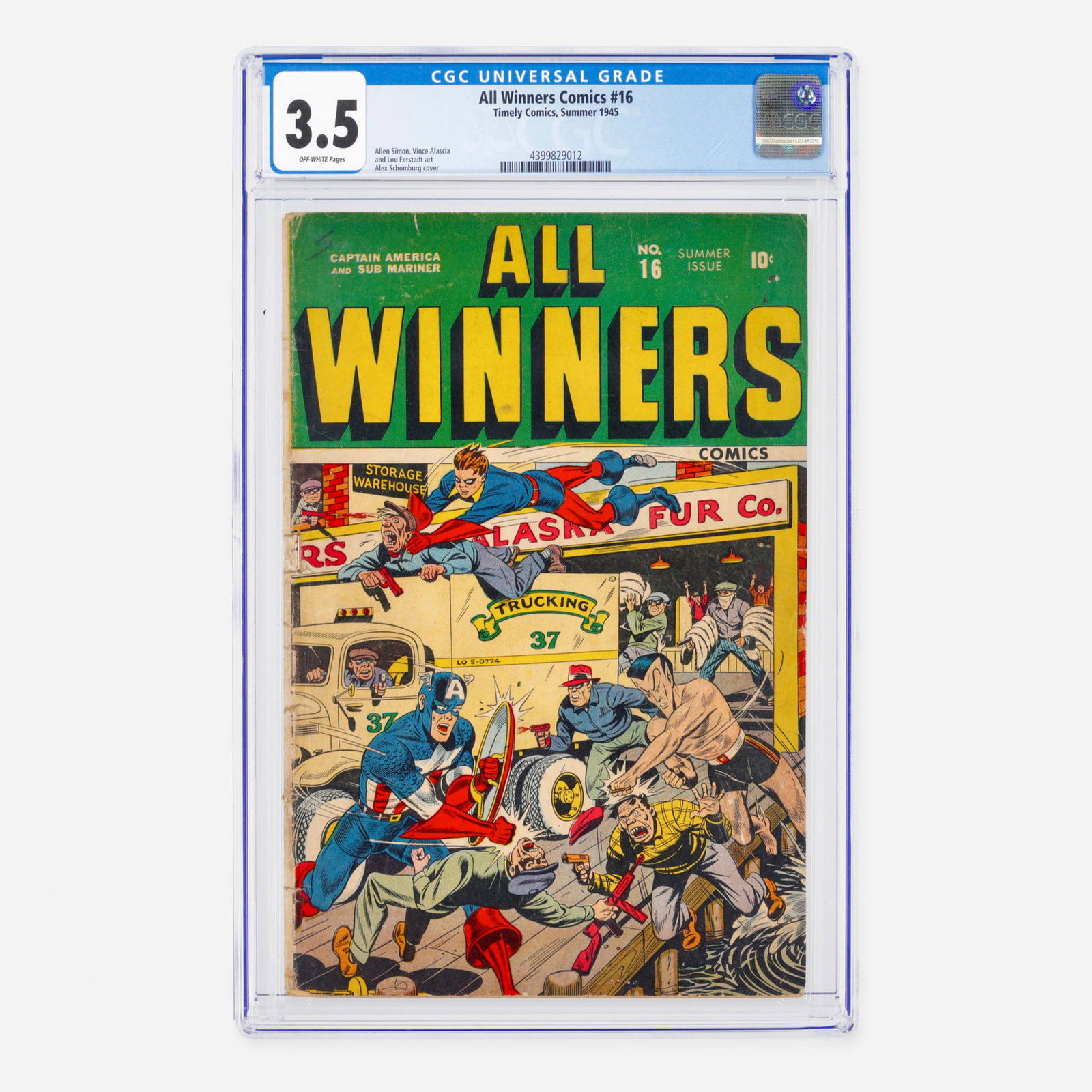 Timely Comics All Winners Comics #16 CGC 3.5: Timely Comics All Winners Comics #16 CGC 3.5 USA, 1945 With a classic Alex Schomburg cover, this issue features Captain America, Bucky, and Namor taking on a villainous gang of thugs robbing a fur