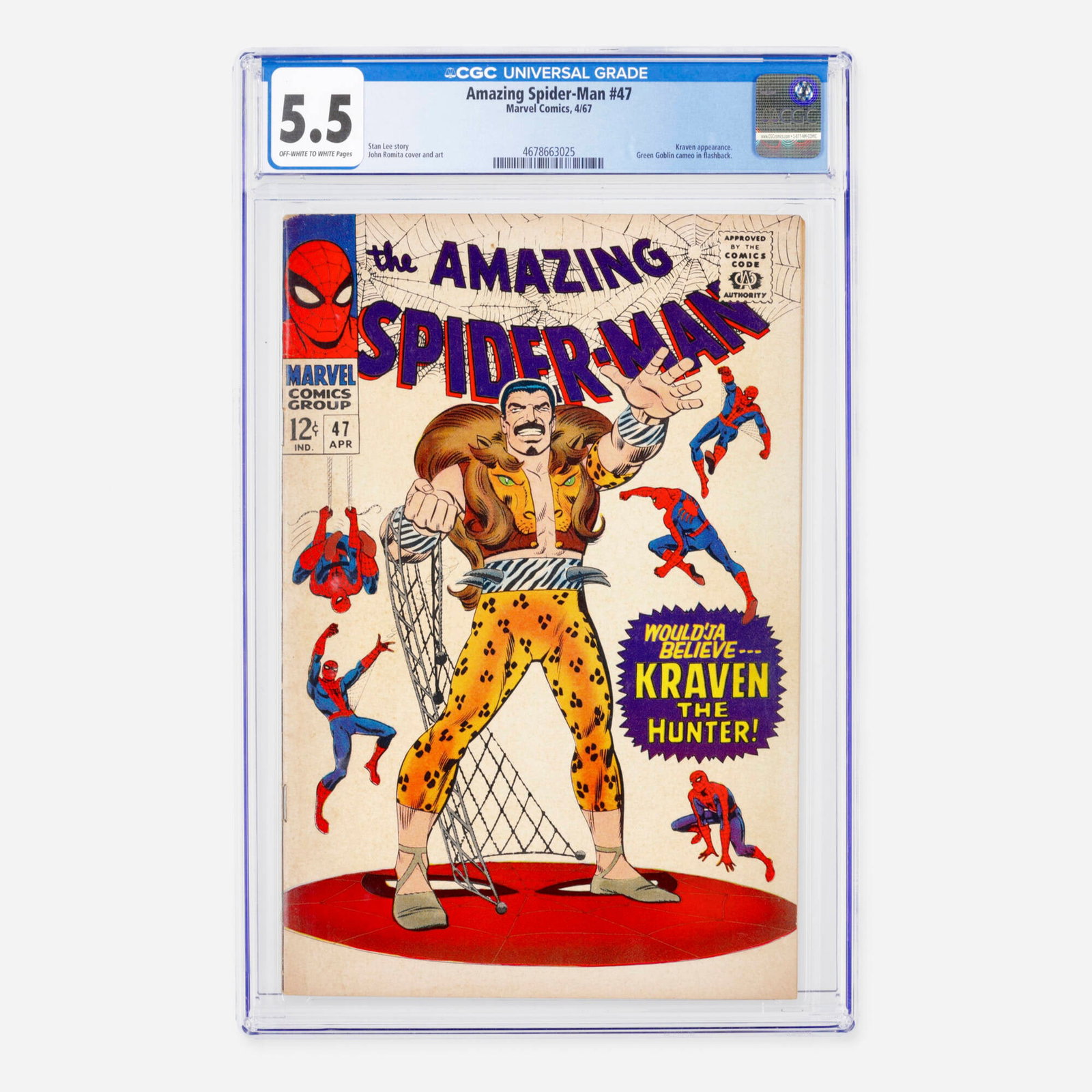 Marvel Comics Amazing Spider-Man #47 CGC 5.5: Marvel Comics Amazing Spider-Man #47 CGC 5.5 USA Spidey faces off against Kraven in this Silver Age story by Stan Lee. It includes a Green Goblin cameo in a flashback, all rendered in the iconic John 