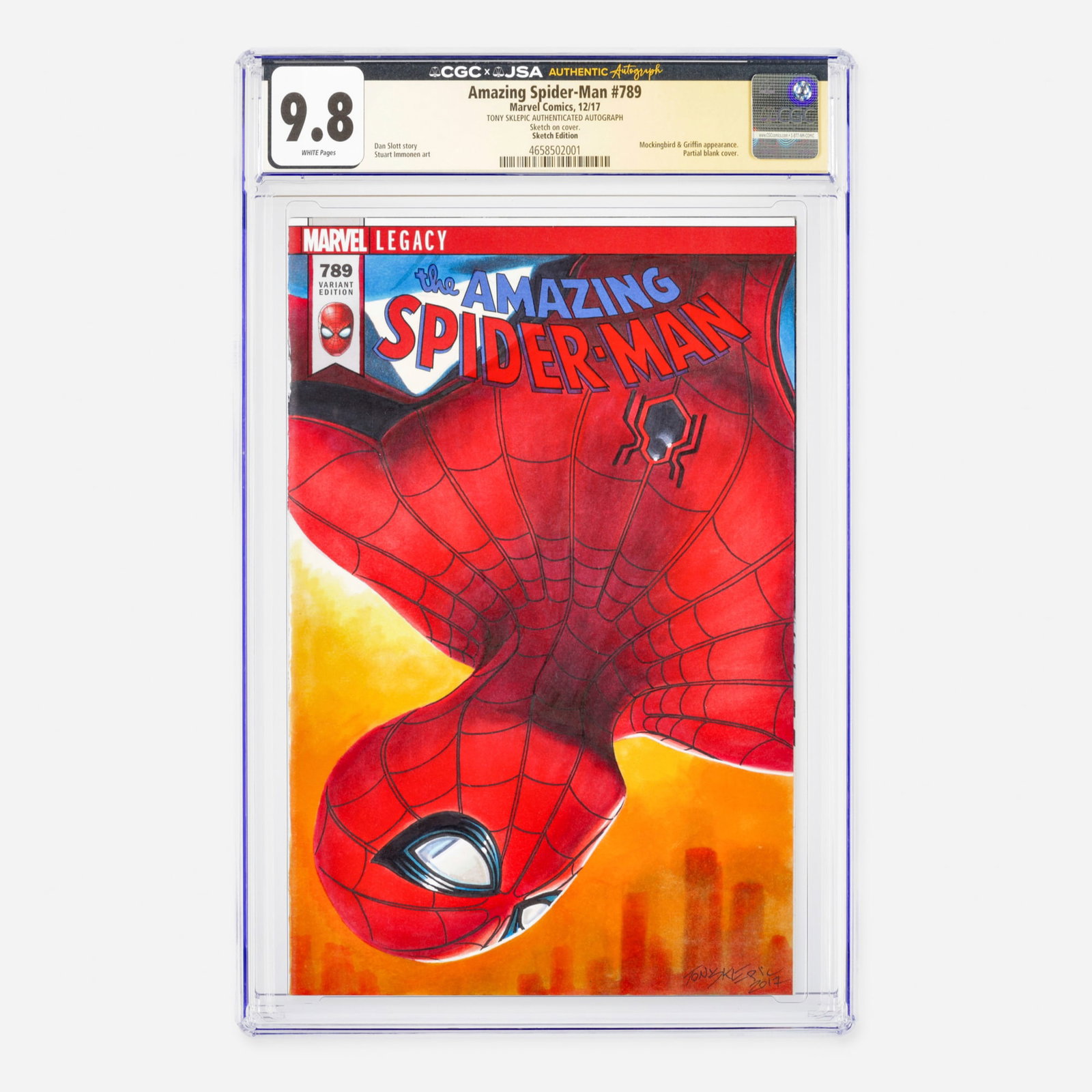 Marvel Comics Amazing Spider-Man #789 CGC 9.8 Sketch Edition JSA Tony Sklepic: Marvel Comics Amazing Spider-Man #789 CGC 9.8 Sketch Edition JSA Tony Sklepic USA, 2017 This Modern Age issue features a partial blank cover and includes appearances by Mockingbird and the Griffin.