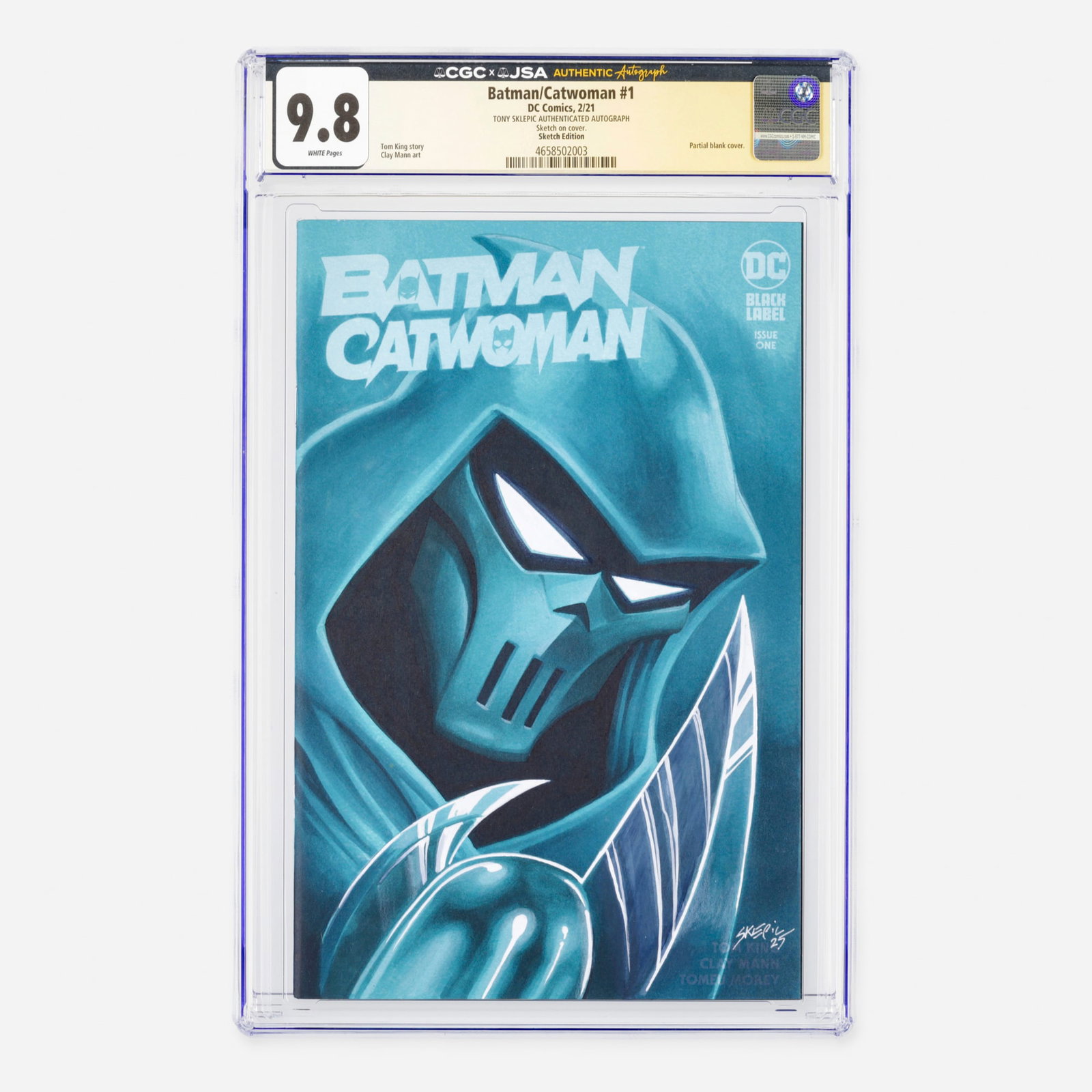 DC Comics Batman/Catwoman #1 CGC 9.8 Sketch Edition JSA Tony Sklepic: DC Comics Batman/Catwoman #1 CGC 9.8 Sketch Edition JSA Tony Sklepic USA, 2021 This Modern Age premiere features a partial blank cover and a compelling story by Tom King with art by Clay Mann. This un