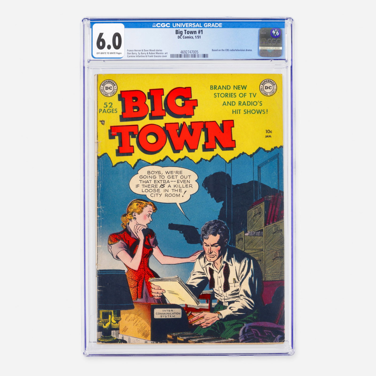 DC Comics Big Town #1 CGC 6.0: DC Comics Big Town #1 CGC 6.0 USA, 1951 This Golden Age premiere is based on the CBS radio/television drama. It features stories by France Herron and Dave Wood, with art by Dan Barry, Sy Barry, and Ru