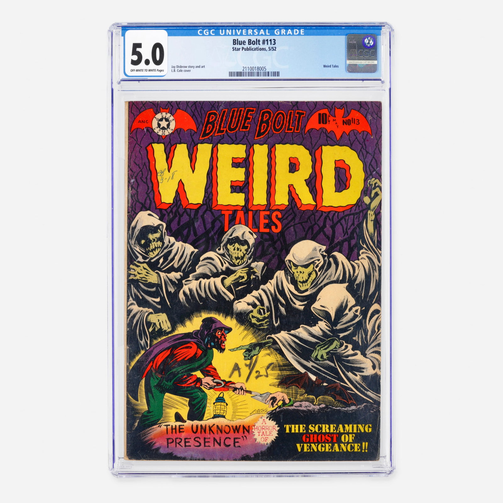 Star Publications Blue Bolt #113 CGC 5.0: Star Publications Blue Bolt #113 CGC 5.0 USA, 1952 This Golden Age entry from the "Weird Tales" era of the title features a striking cover by the legendary L.B. Cole. The interior story and art are