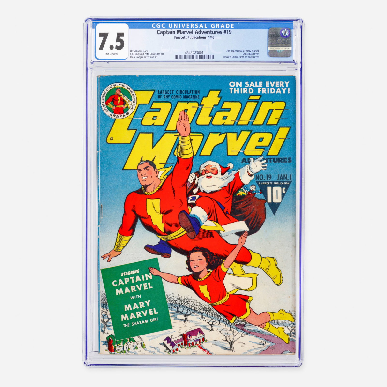 Fawcett Publications Captain Marvel Adventures #19 CGC 7.5: Fawcett Publications Captain Marvel Adventures #19 CGC 7.5 USA, 1943 White pages! This issue features the second appearance of Mary Marvel and classic Christmas cover by Marc Swayze with Fawcett