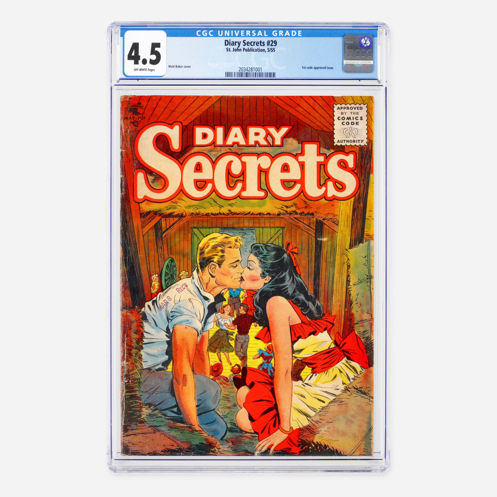 St. John Publication Diary Secrets #29 CGC 4.5: St. John Publication Diary Secrets #29 CGC 4.5 USA, 1955 Issue features the first Comics Code Authority approved issue with a Matt Baker cover. CGC#: 2034281001 Population: 5 in 4.5, 5 higher Grader