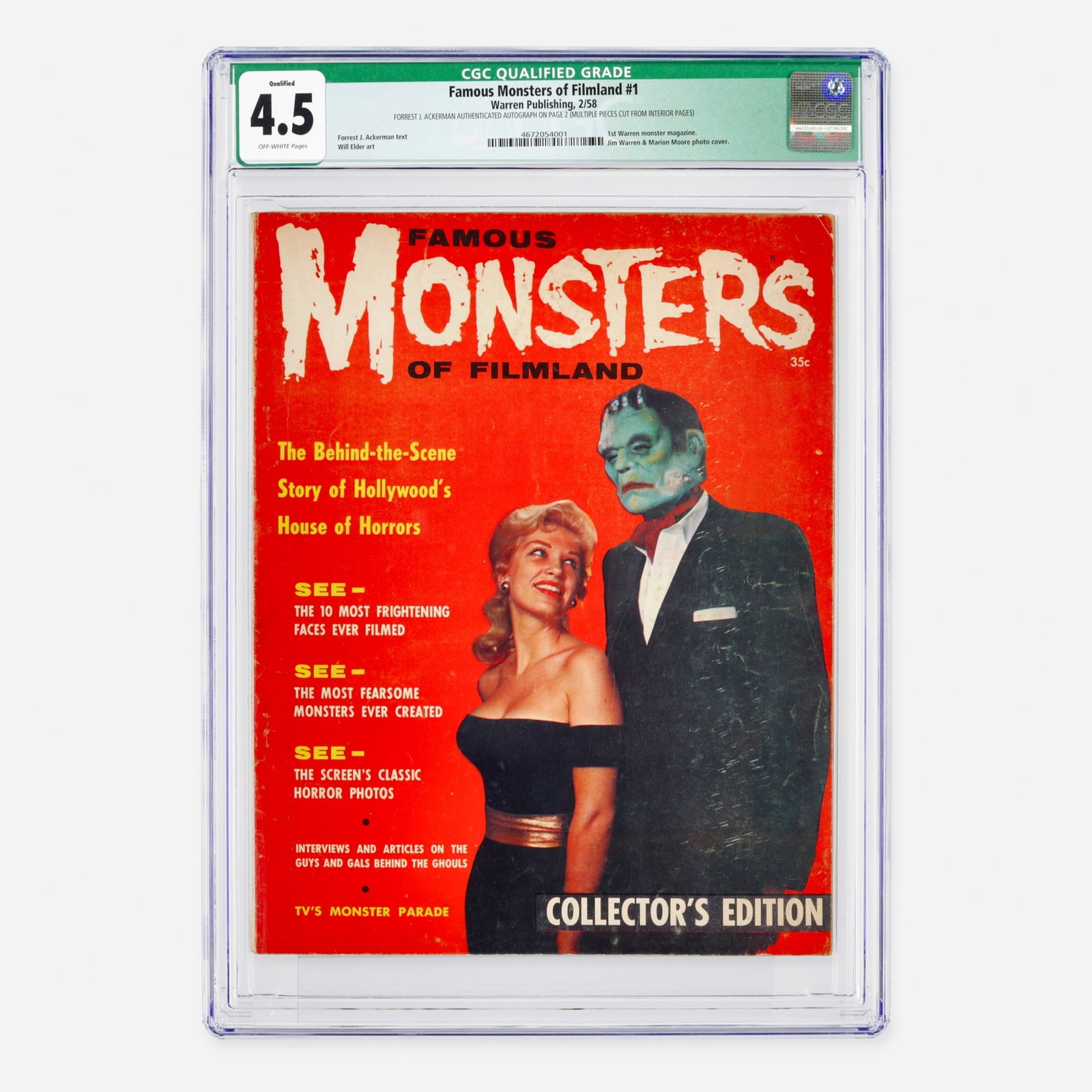 Warren Publishing Famous Monsters of Filmland #1 CGC 4.5 Qualified JSA Forrest J. Ackerman: Warren Publishing Famous Monsters of Filmland #1 CGC 4.5 Qualified JSA Forrest J. Ackerman USA, 1958 This historic Silver Age premiere is the first Warren monster magazine, featuring a photo cover of