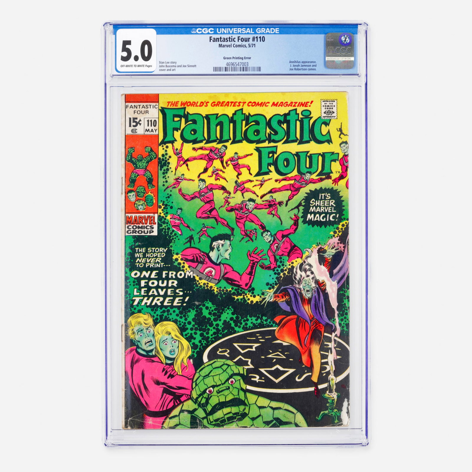 Marvel Comics Fantastic Four #110 CGC 5.0 Green Printing Error: Marvel Comics Fantastic Four #110 CGC 5.0 Green Printing Error USA, 1971 This Bronze Age issue features a notable "Green Printing Error" variant. The story is written by Stan Lee with cover and