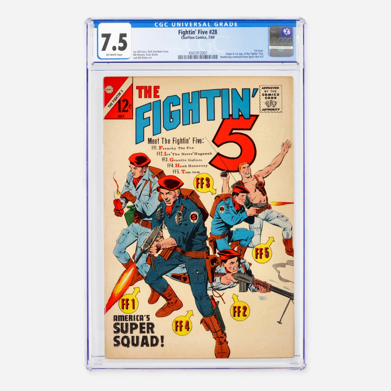 Charlton Comics Fightin' Five #28 CGC 7.5: Charlton Comics Fightin' Five #28 CGC 7.5 USA, 1964 This Silver Age debut is the frst issue of the series, continuing the numbering from Space War #27. It features the origin and first appearance of t