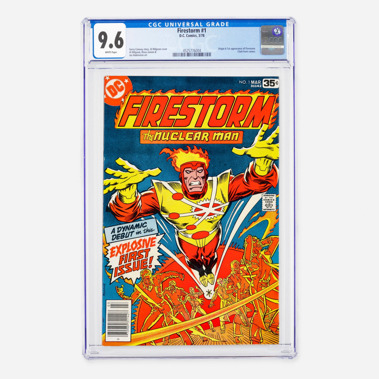 DC Comics Firestorm #1 CGC 9.6: DC Comics Firestorm #1 CGC 9.6 USA, 1978 This Bronze Age key features the origin and first appearance of Firestorm (Ronnie Raymond and Martin Stein), plus a Clark Kent cameo. The issue was written by