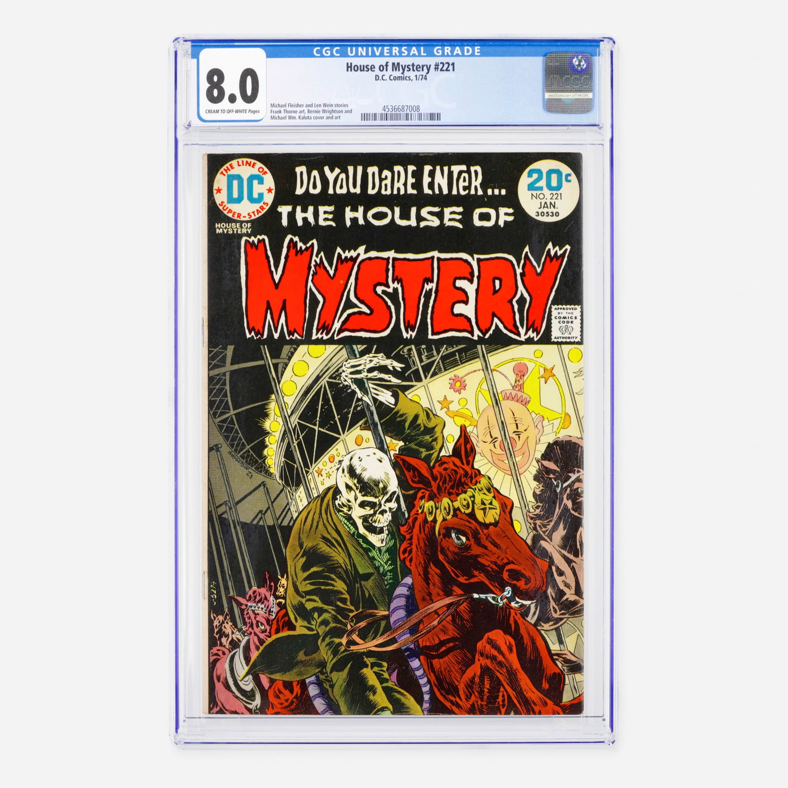 DC Comics House of Mystery #221 CGC 8.0: DC Comics House of Mystery #221 CGC 8.0 USA, 1974 This Bronze Age classic features a cover and interior art by the powerhouse duo of Bernie Wrightson and Michael Wm. Kaluta. The issue includes stories