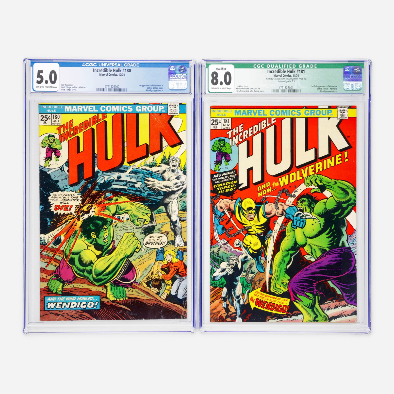 2 Marvel Comics Incredible Hulk #180 and #181 CGC Group (1 of 2)