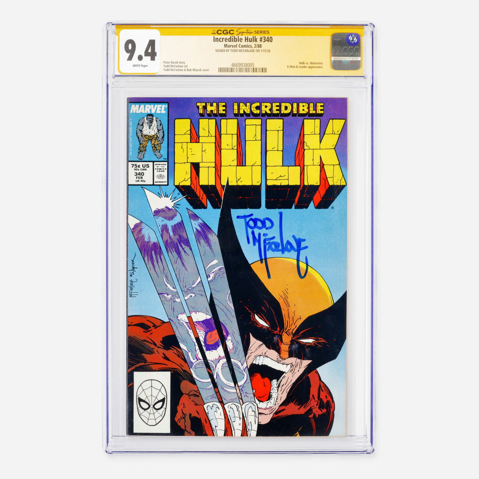 Marvel Comics Incredible Hulk #340 CGC 9.4 Signature Series Todd McFarlane (1 of 2)