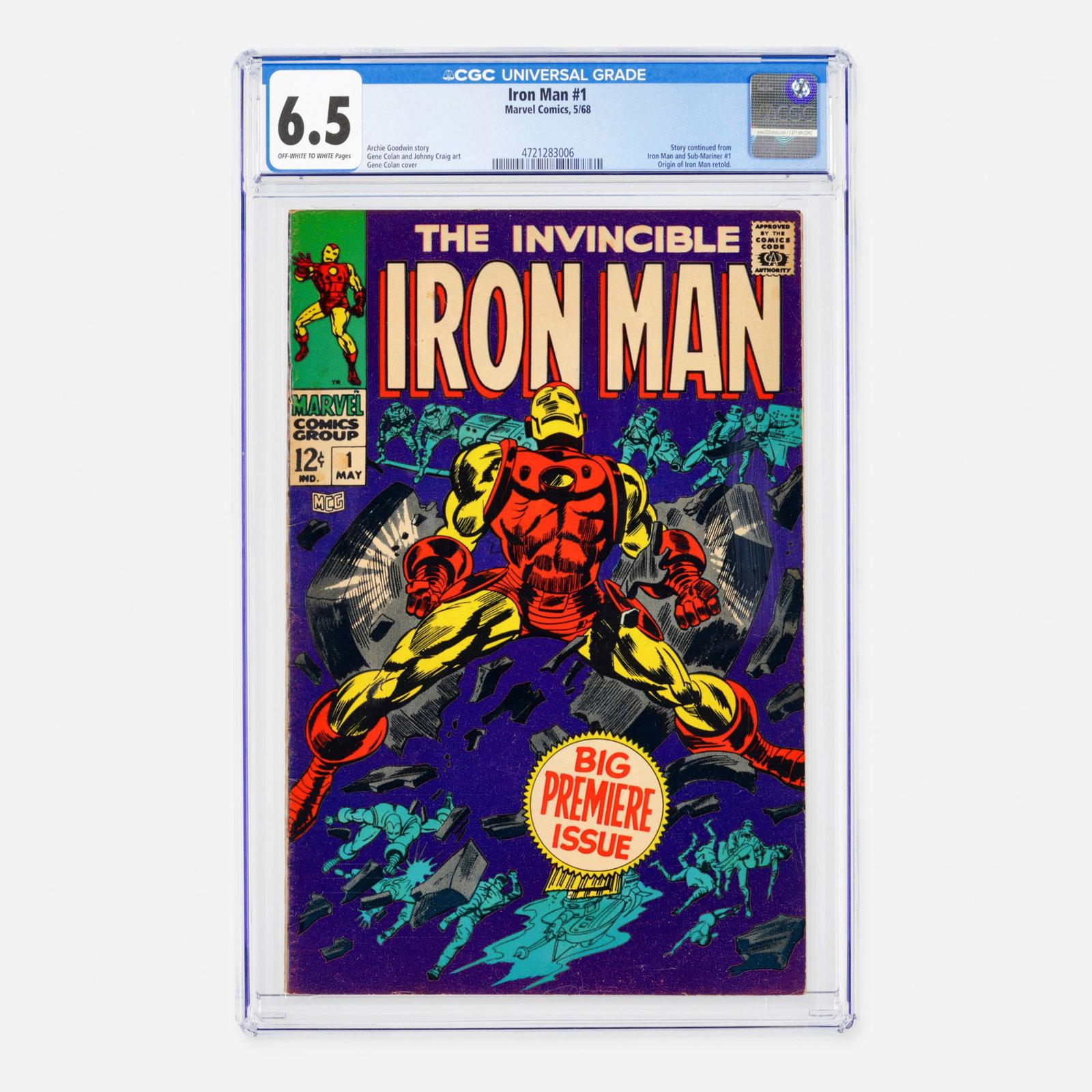 Marvel Comics Iron Man #1 CGC 6.5: Marvel Comics Iron Man #1 CGC 6.5 USA, 1968 Following the events of Iron Man and Sub-Mariner #1, this Silver Age premiere retells the origin of Iron Man. Archie Goodwin wrote the story while Gene Cola
