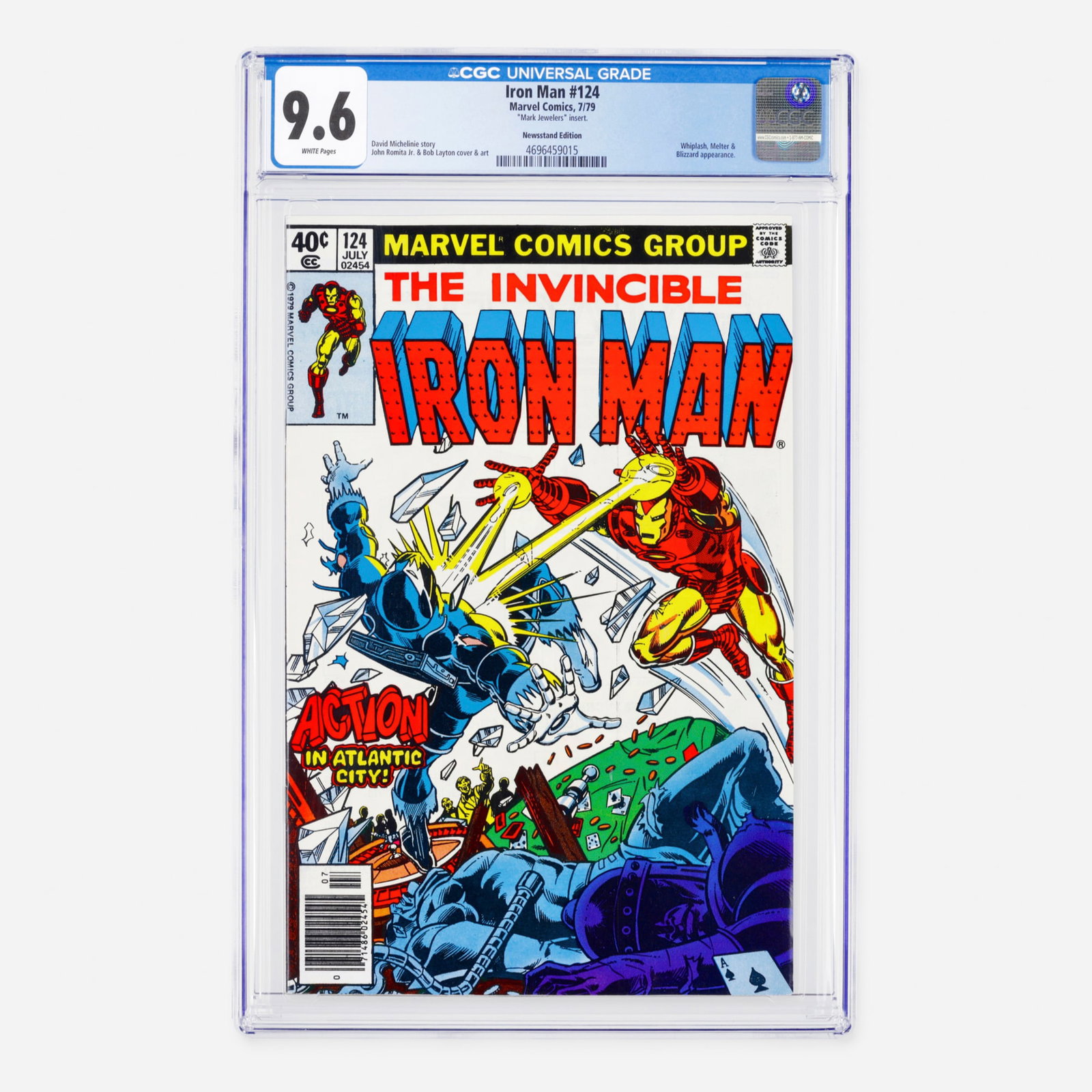 Marvel Comics Iron Man #124 CGC 9.6 Newsstand Mark Jewelers: Marvel Comics Iron Man #124 CGC 9.6 Newsstand Mark Jewelers USA, 1979 This Bronze Age story includes appearances by Whiplash, Melter, and Blizzard. The issue features a script by David Michelinie with