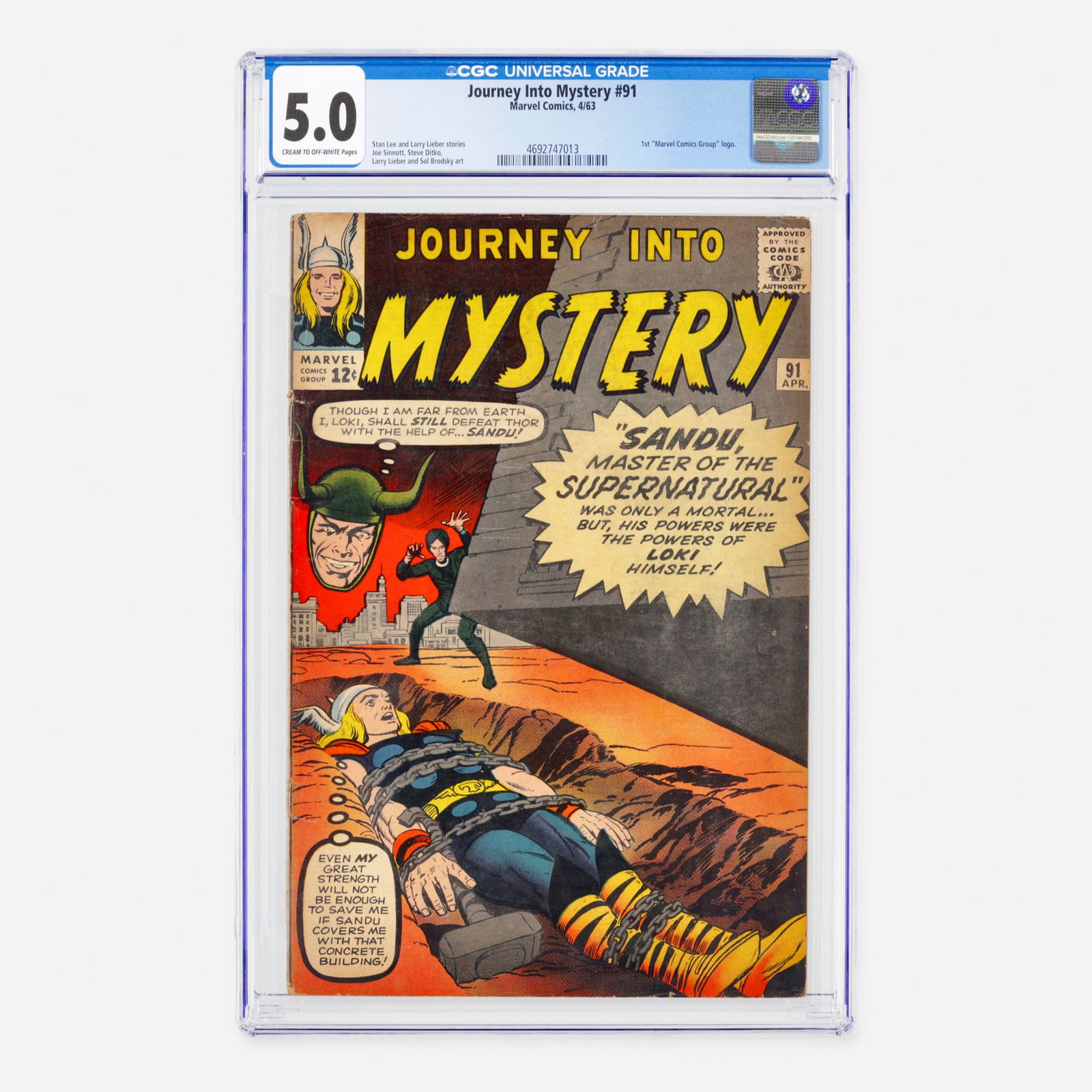 Marvel Comics Journey Into Mystery #91 CGC 5.0: Marvel Comics Journey Into Mystery #91 CGC 5.0 USA, 1963 This Silver Age milestone features the first "Marvel Comics Group" logo. The issue contains stories by Stan Lee and Larry Lieber, with a powerh
