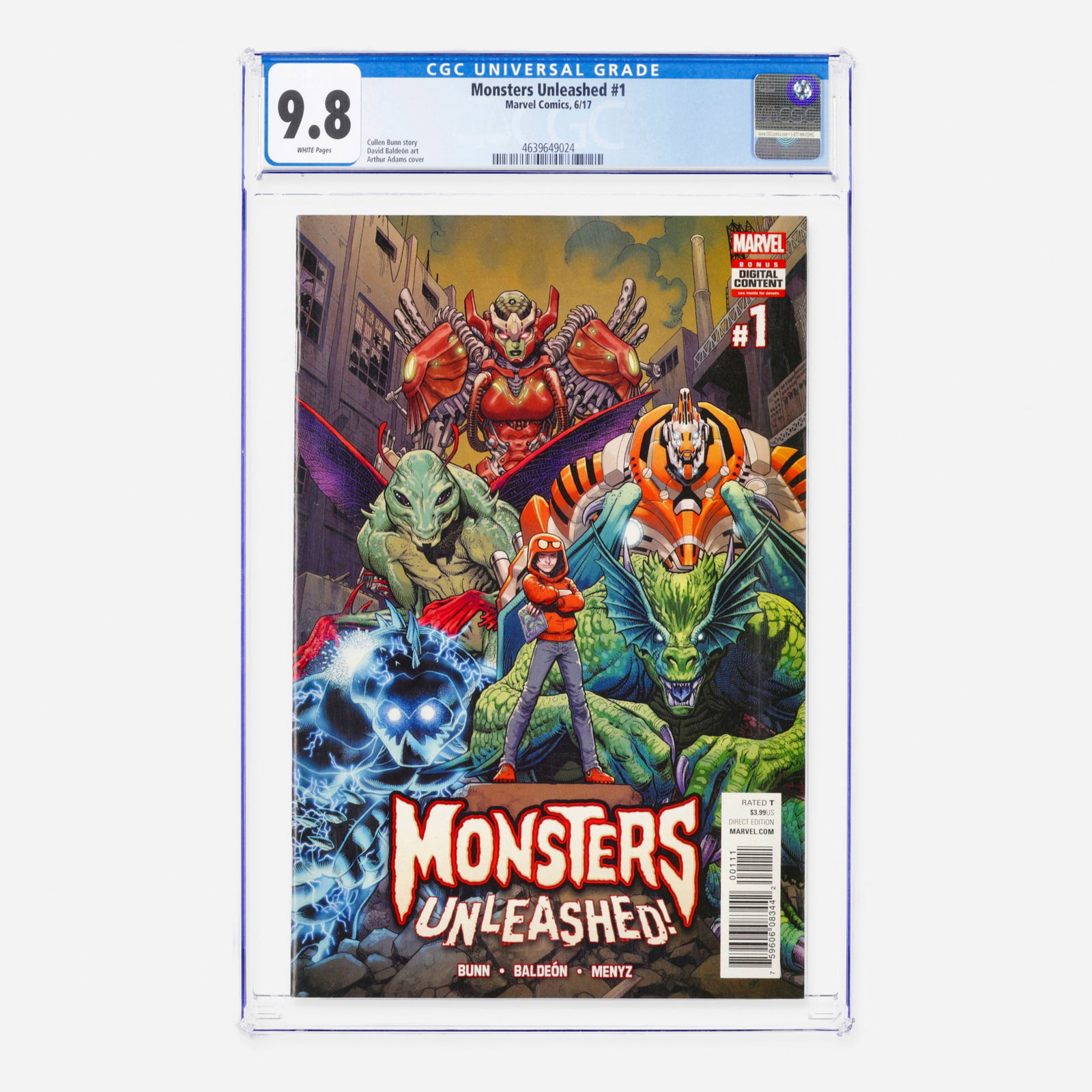 Marvel Comics Monsters Unleashed #1 CGC 9.8: Marvel Comics Monsters Unleashed #1 CGC 9.8 USA, 2017 This Modern Age premiere features a story by Cullen Bunn with interior art by David Baldeon. This issue is wrapped in a detailed Arthur Adams cove