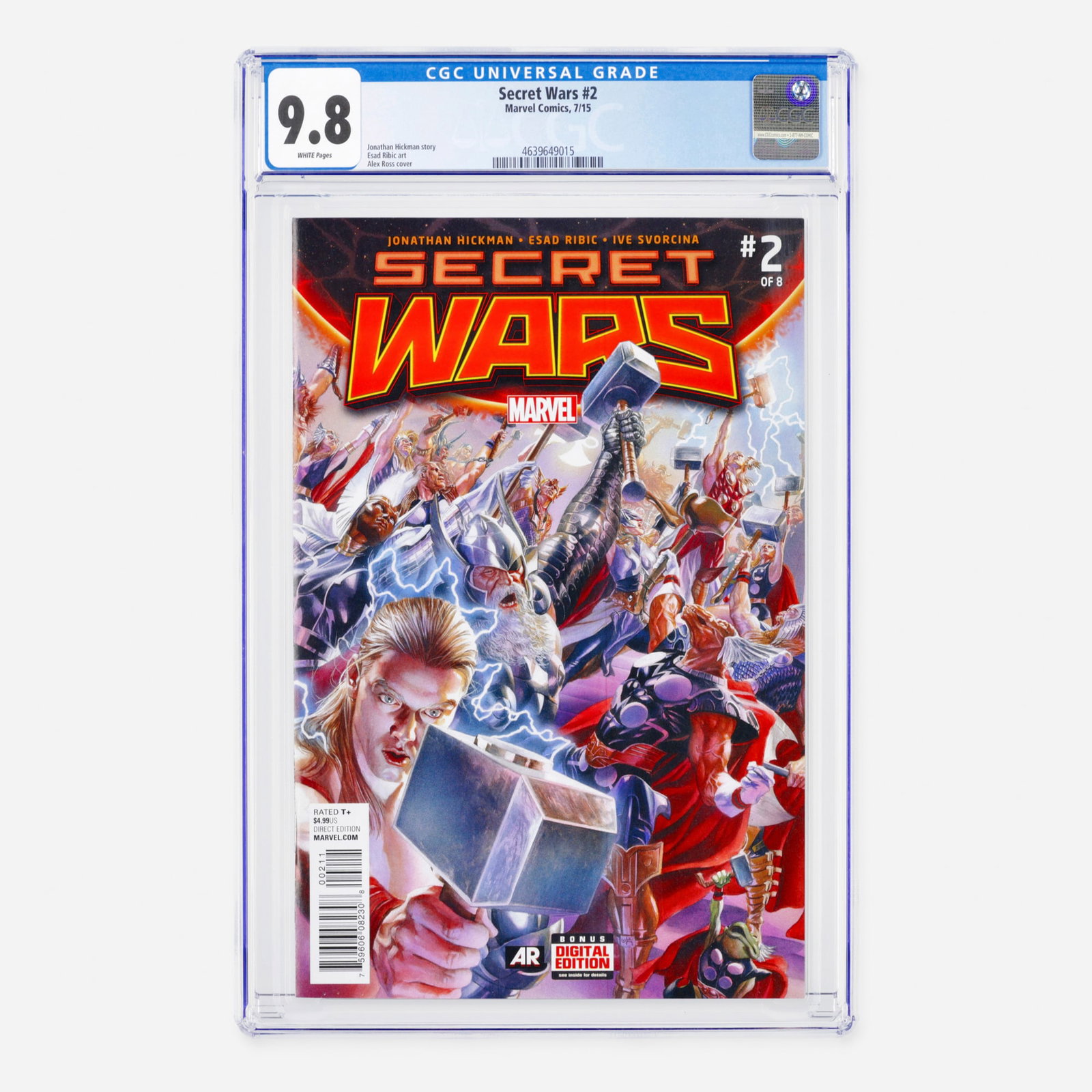Marvel Comics Secret Wars #2 CGC 9.8: Marvel Comics Secret Wars #2 CGC 9.8 USA, 2015 This Modern Age cornerstone of the massive 2015 crossover is written by Jonathan Hickman. It features breathtaking interior art by Esad Ribic and a stunn