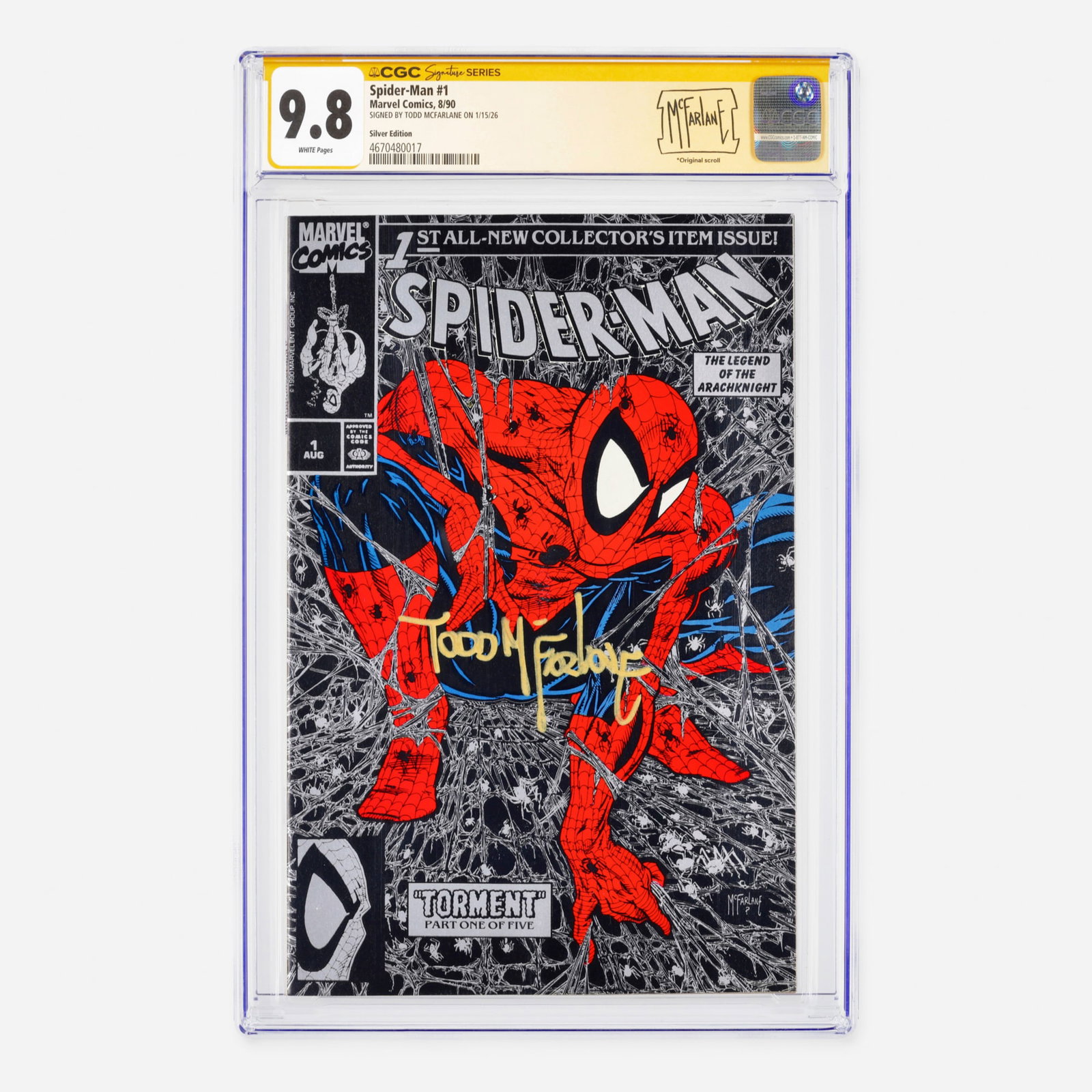 Marvel Comics Spider-Man #1 CGC 9.8 Silver Edition Signature Series Todd McFarlane: Marvel Comics Spider-Man #1 CGC 9.8 Silver Edition Signature Series Todd McFarlane USA, 1990 This Modern Age launch features a Lizard appearance and serves as the debut of Todd McFarlane's solo r