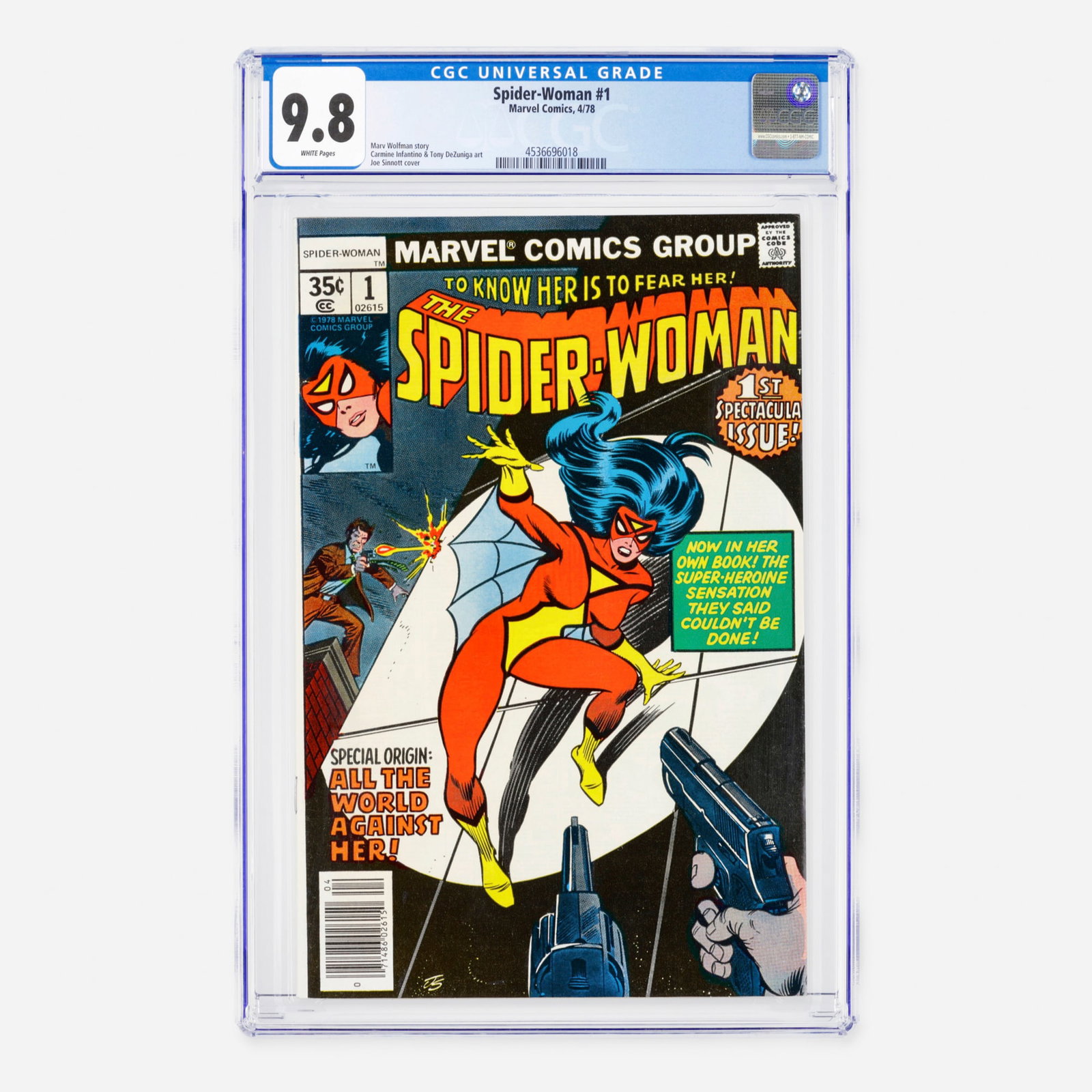 Marvel Comics Spider-Woman #1 CGC 9.8: Marvel Comics Spider-Woman #1 CGC 9.8 USA, 1978 This Bronze Age premiere launches the first ongoing series for Jessica Drew, written by Marv Wolfman. The debut features art by the legendary Carmine In