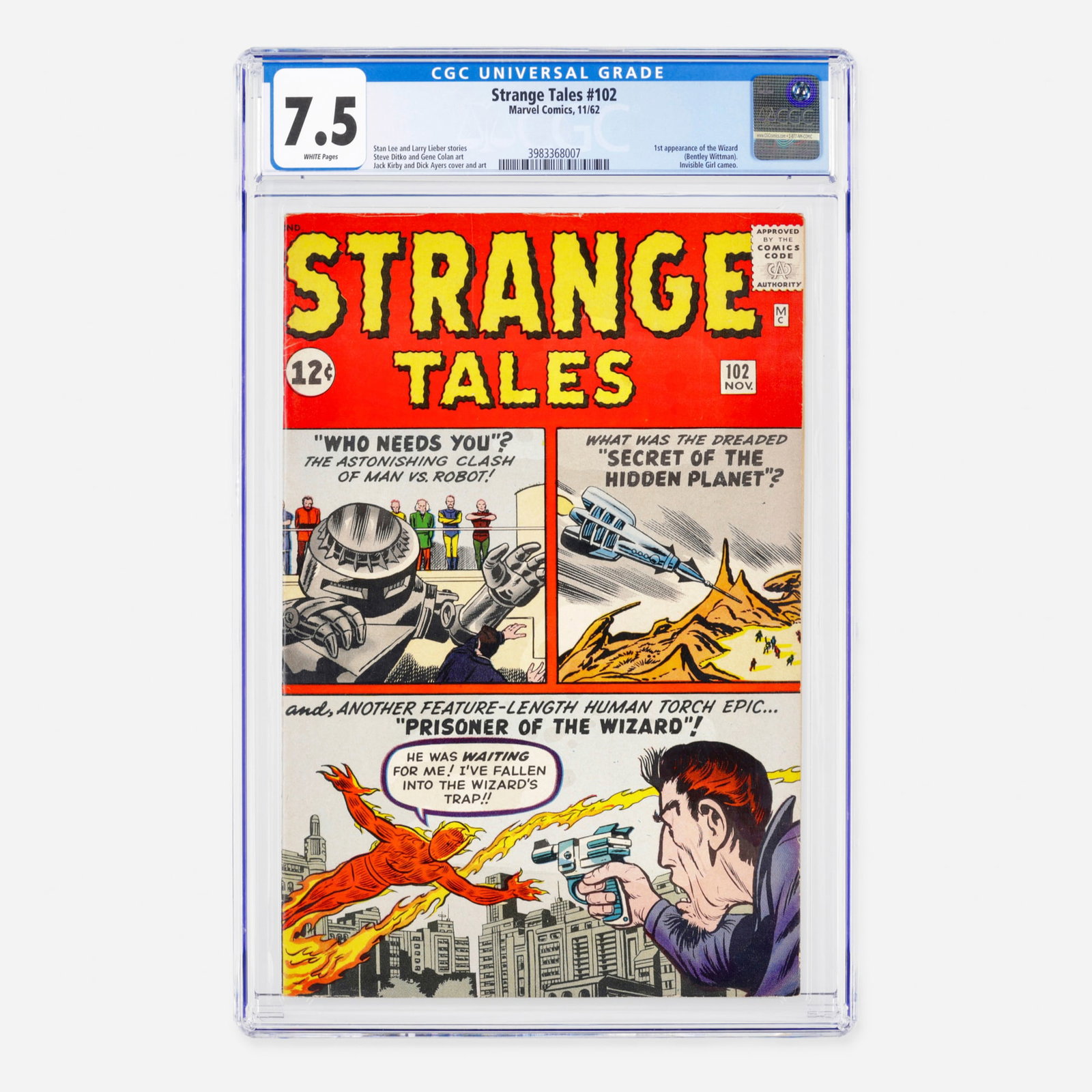 Marvel Comics Strange Tales #102 CGC 7.5: Marvel Comics Strange Tales #102 CGC 7.5 USA, 1962 This Silver Age landmark features the first appearance of the Wizard (Bentley Wittman) and a cameo by the Invisible Girl. The issue showcases a legen