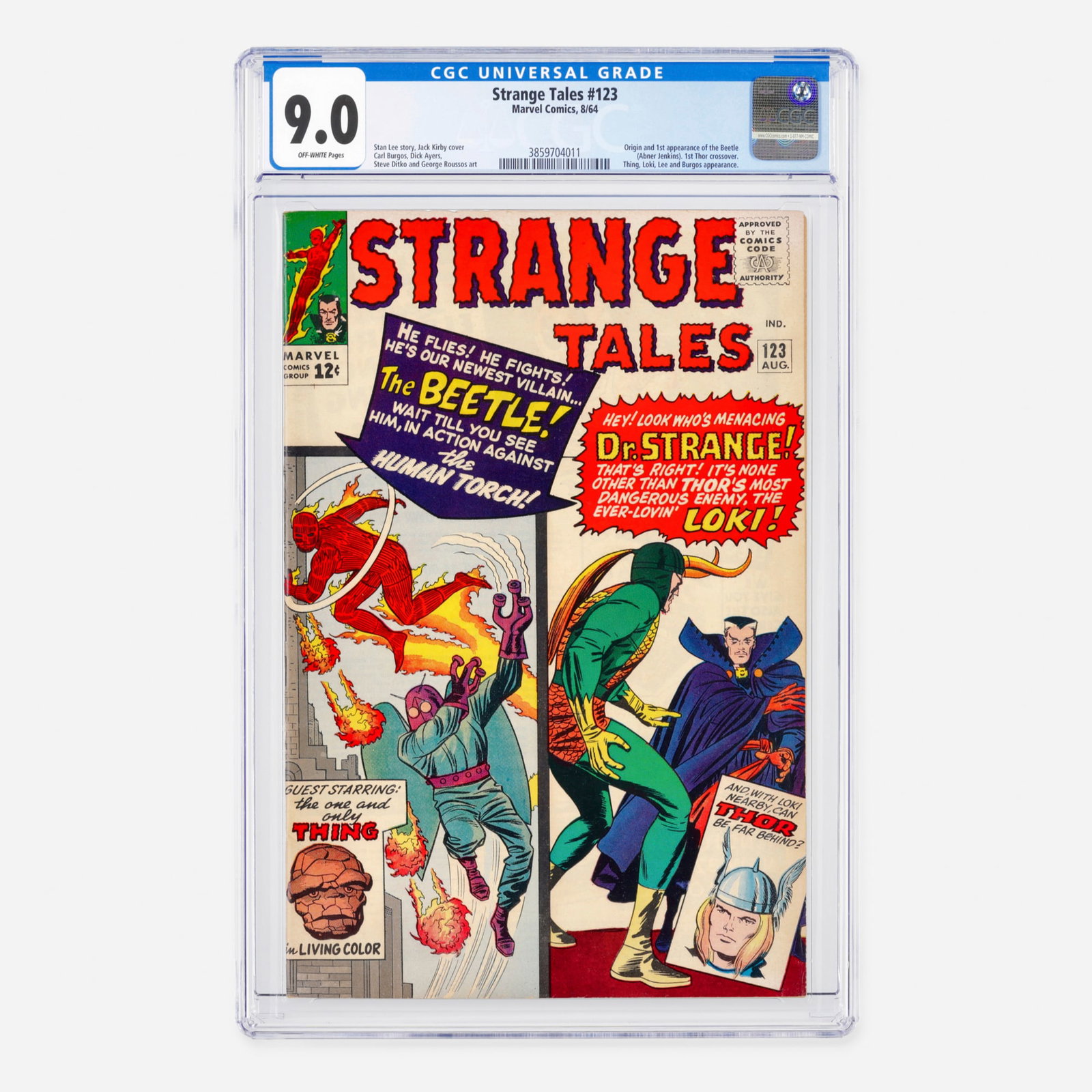 Marvel Comics Strange Tales #123 CGC 9.0: Marvel Comics Strange Tales #123 CGC 9.0 USA, 1964 This Silver Age key features the origin and first appearance of the Beetle (Abner Jenkins), as well as the first Thor crossover. Written by Stan Lee 