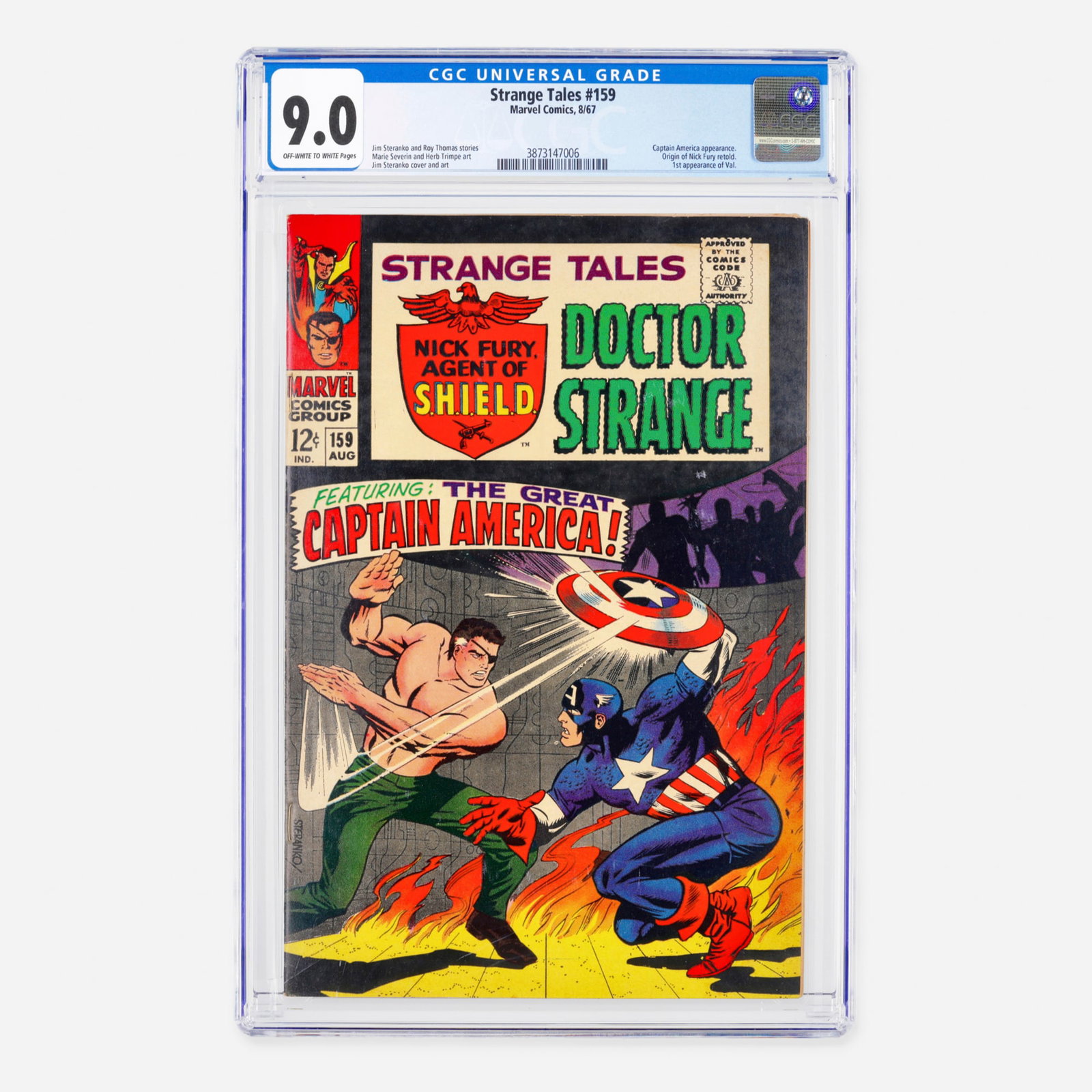 Marvel Comics Strange Tales #159 CGC 9.0: Marvel Comics Strange Tales #159 CGC 9.0 USA, 1967 This Silver Age essential features the first appearance of Contessa Valentina Allegra de Fontaine (Val) and a retelling of Nick Fury's origin. W