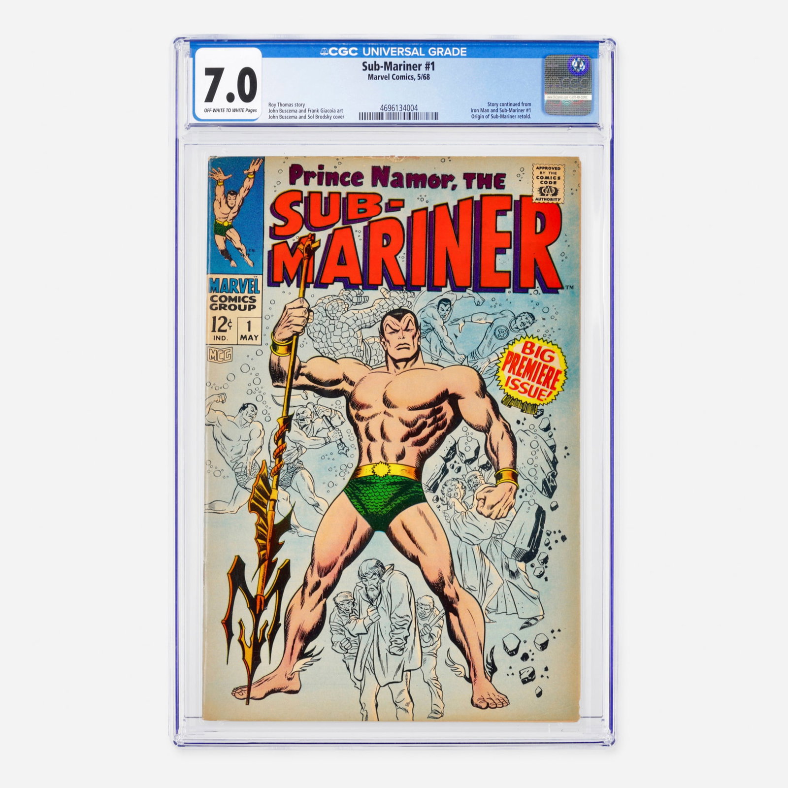 Marvel Comics Sub-Mariner #1 CGC 7.0: Marvel Comics Sub-Mariner #1 CGC 7.0 USA, 1968 Picking up from Iron Man and Sub-Mariner #1, this Silver Age premiere retells the Sub-Mariner origin. Roy Thomas scripted the tale for artists John Busce
