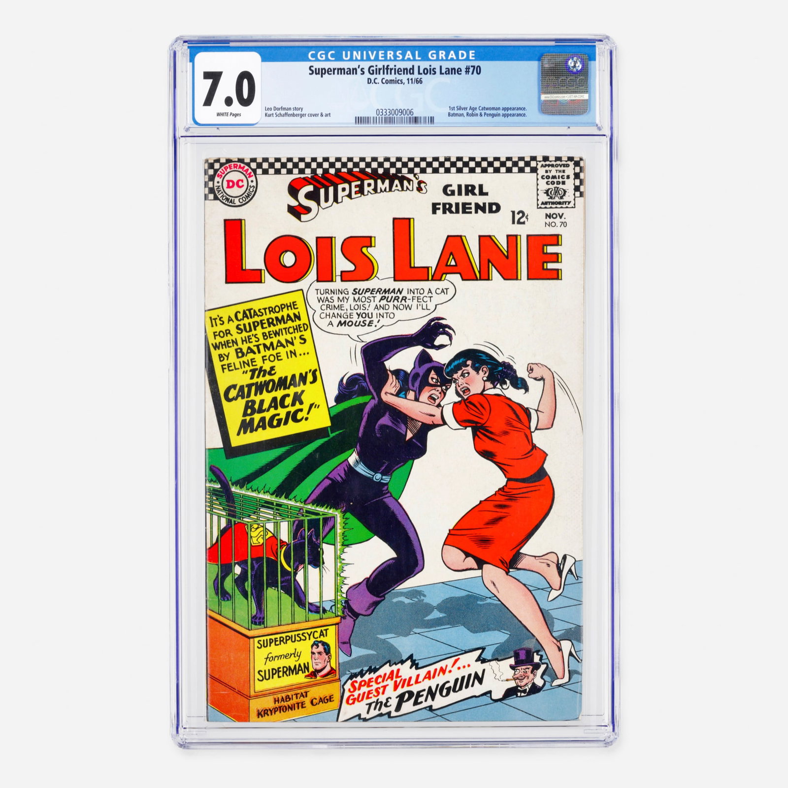 DC Comics Superman's Girlfriend Lois Lane #70 CGC 7.0: DC Comics Superman's Girlfriend Lois Lane #70 CGC 7.0 USA, 1966 A significant Silver Age crossover featuring the first appearance of Catwoman in the Silver Age. The story includes appearances by Batma
