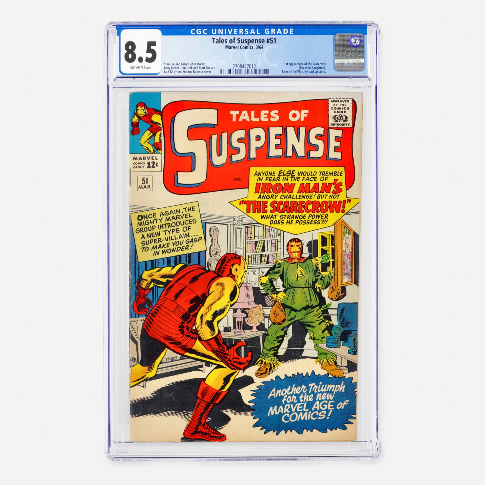 Marvel Comics Tales of Suspense #51 CGC 8.5: Marvel Comics Tales of Suspense #51 CGC 8.5 USA, 1964 This Silver Age classic features the first appearance of the Scarecrow (Ebenezer Laughton). The issue contains stories by Stan Lee and Larry Liebe