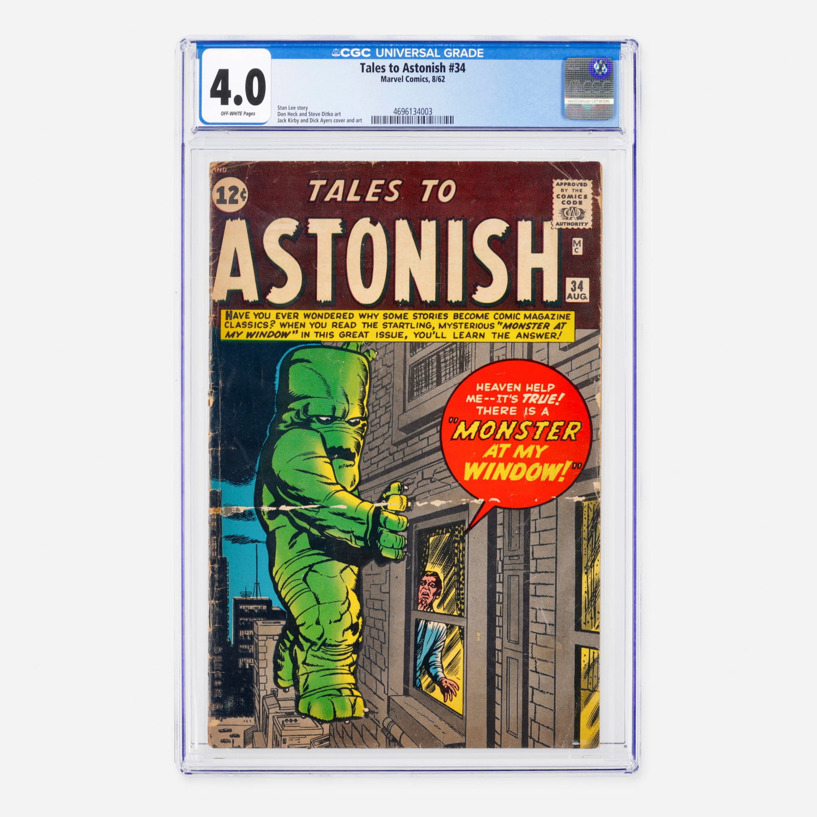 Marvel Comics Tales to Astonish #34 CGC 4.0: Marvel Comics Tales to Astonish #34 CGC 4.0 USA, 1962 This Silver Age classic features The Master of the Monolith! with a story by Stan Lee. The issue is a visual powerhouse, featuring interior art by