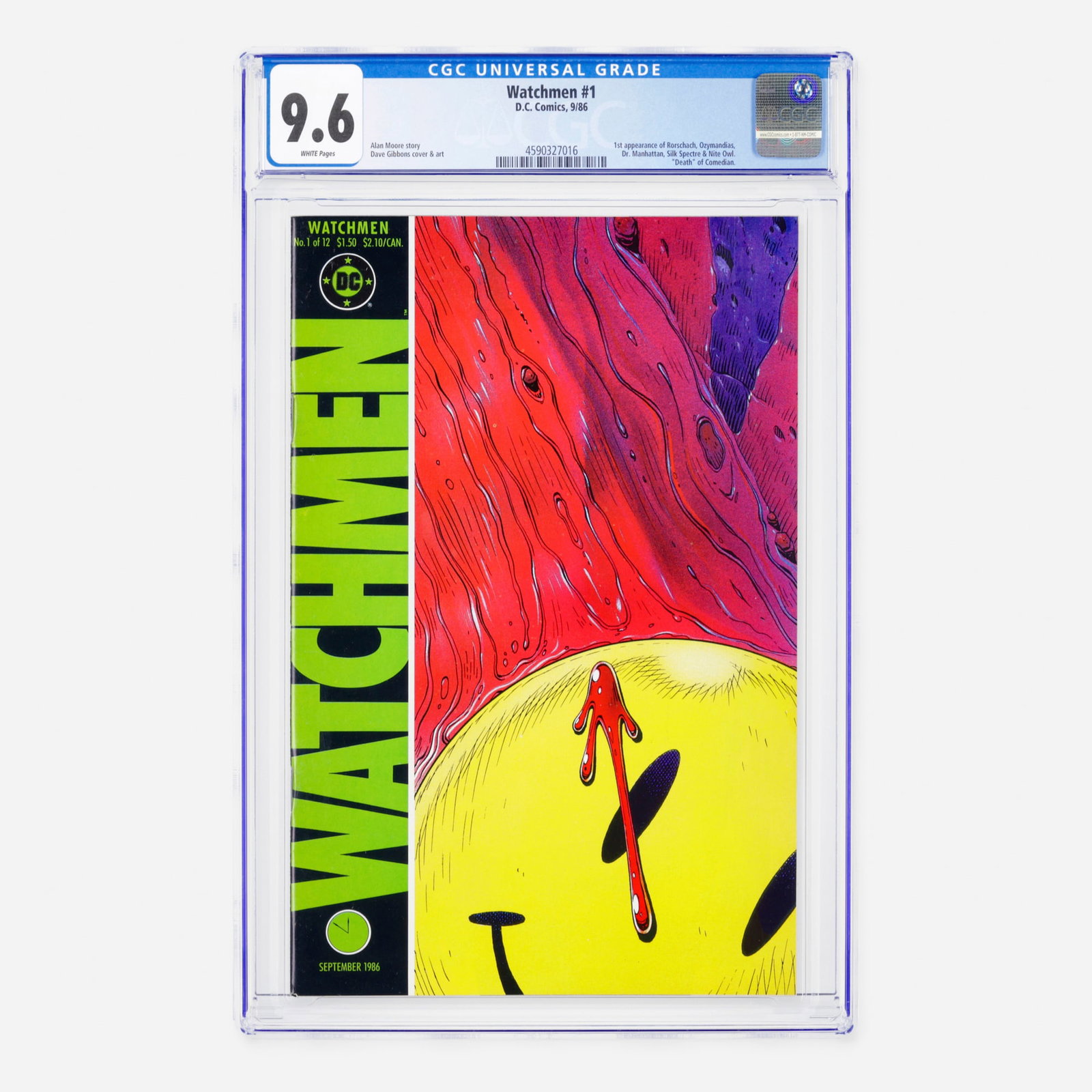 DC Comics Watchmen #1 CGC 9.6: DC Comics Watchmen #1 CGC 9.6 USA, 1986 This Modern Age landmark includes the first appearance of Rorschach, Ozymandias, Dr. Manhattan, Silk Spectre, and Nite Owl, as well as the death of the Comedian
