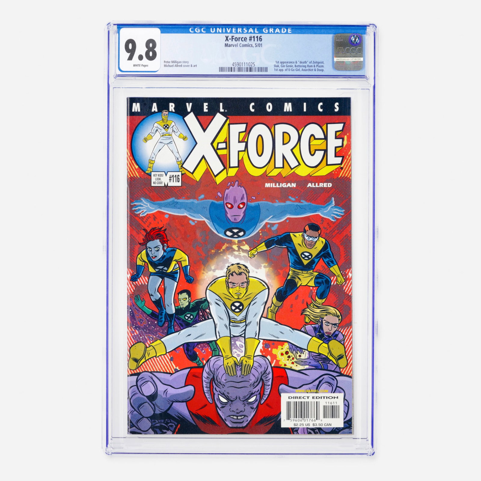 Marvel Comics X-Force #116 CGC 9.8: Marvel Comics X-Force #116 CGC 9.8 USA, 2001 This Modern Age newsstand reboot is a significant key issue featuring the first appearance and "death" of Zeitgeist, Sluk, Gin Genie, Battering Ram, and Pl