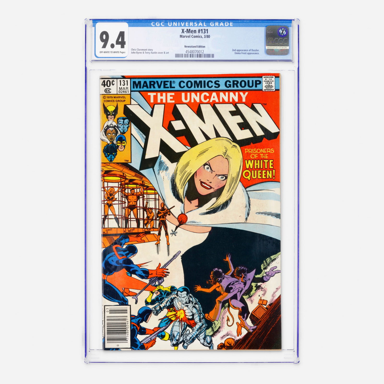 Marvel Comics X-Men #131 CGC 9.4 Newsstand: Marvel Comics X-Men #131 CGC 9.4 Newsstand USA, 1980 This Bronze Age newsstand standout continues the seminal Hellfire Club storyline, featuring the second appearance of Dazzler and a confrontation wi