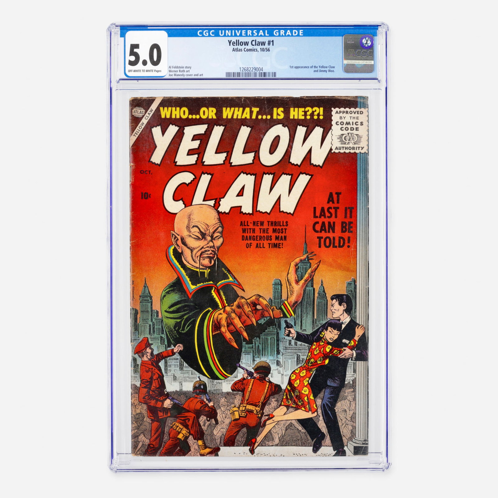 Atlas Comics Yellow Claw #1 CGC 5.0: Atlas Comics Yellow Claw #1 CGC 5.0 USA, 1956 Issue features the first appearance of the Yellow Claw and Jimmy Woo with story by Al Feldstein, art by Werner Roth, and cover and art by Joe Maneely.