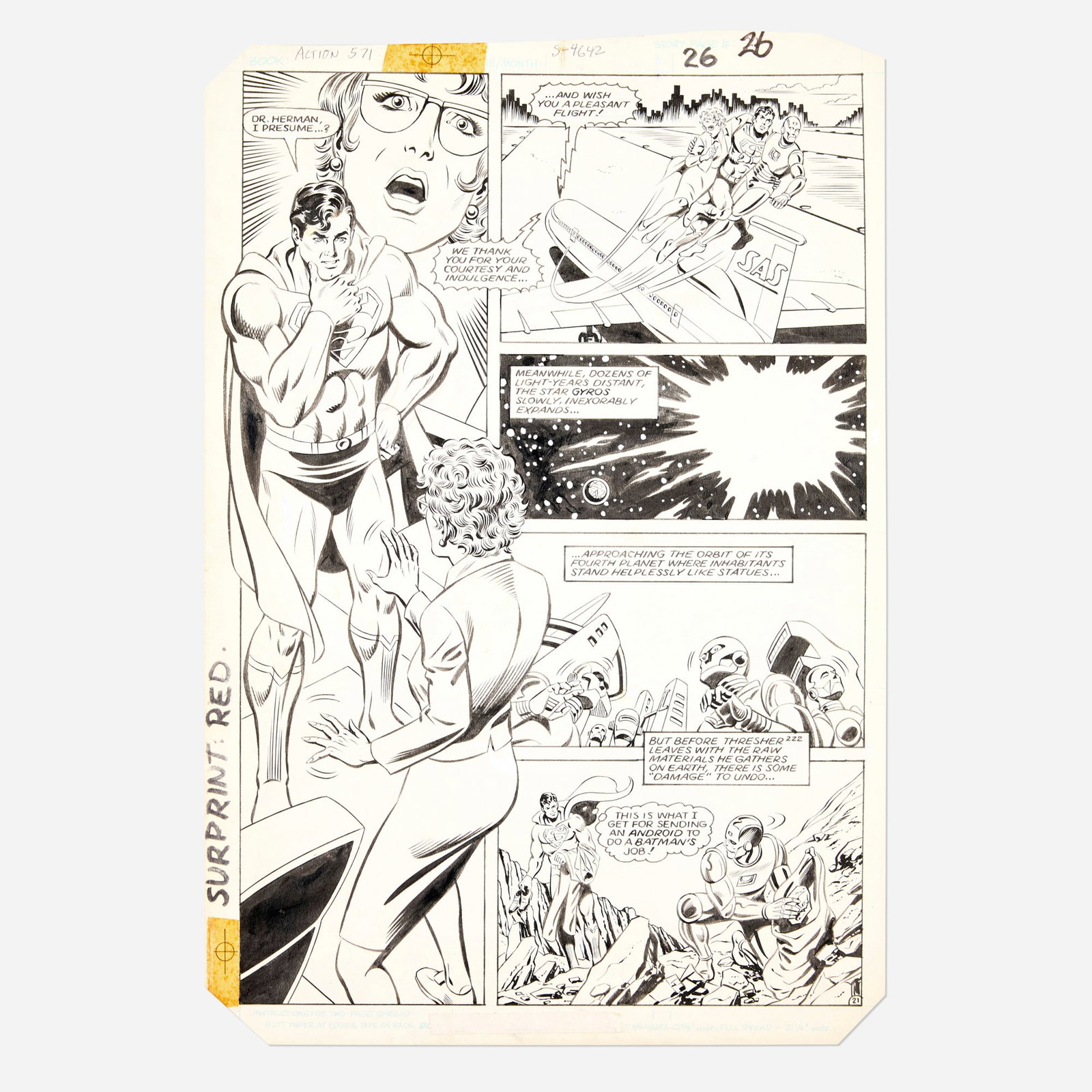Alex Saviuk and Dave Hunt, Action Comics #571 Story Page 26 Original Art (DC Comics, 1985): Alex Saviuk and Dave Hunt Action Comics #571 Story Page 26 Original Art (DC Comics, 1985) pencil and ink on Bristol board, word balloons inked directly on board 16 h x 11 w in (41 x 28 cm) Condition