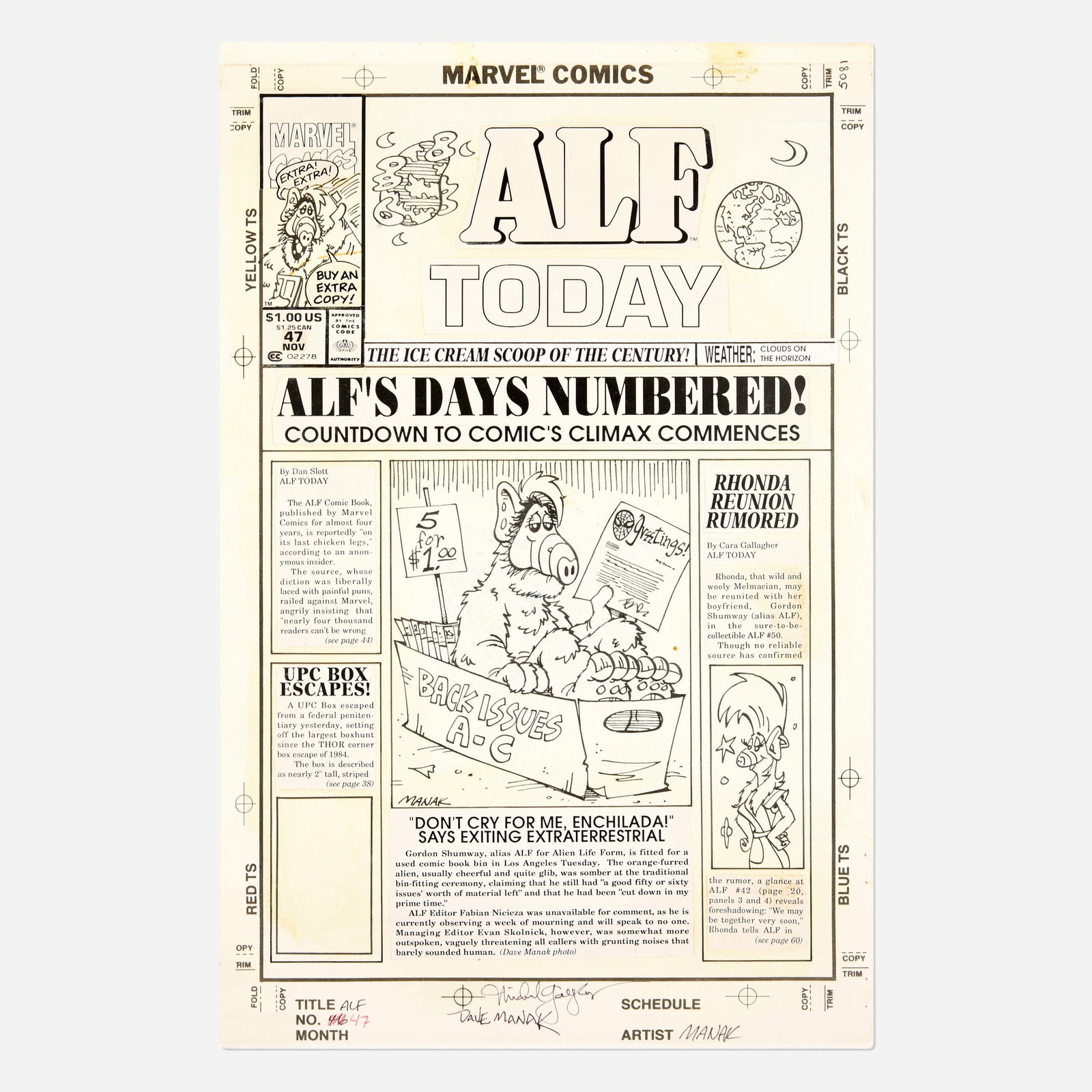 Dave Manak, ALF #47 Cover Original Art (Marvel Comics, 1991): Dave Manak ALF #47 Cover Original Art (Marvel Comics, 1991) pencil and ink on Bristol board, word balloons pasted onto artwork, overlay with additional art 17 h x 11 w in (43 x 28 cm) Signed by