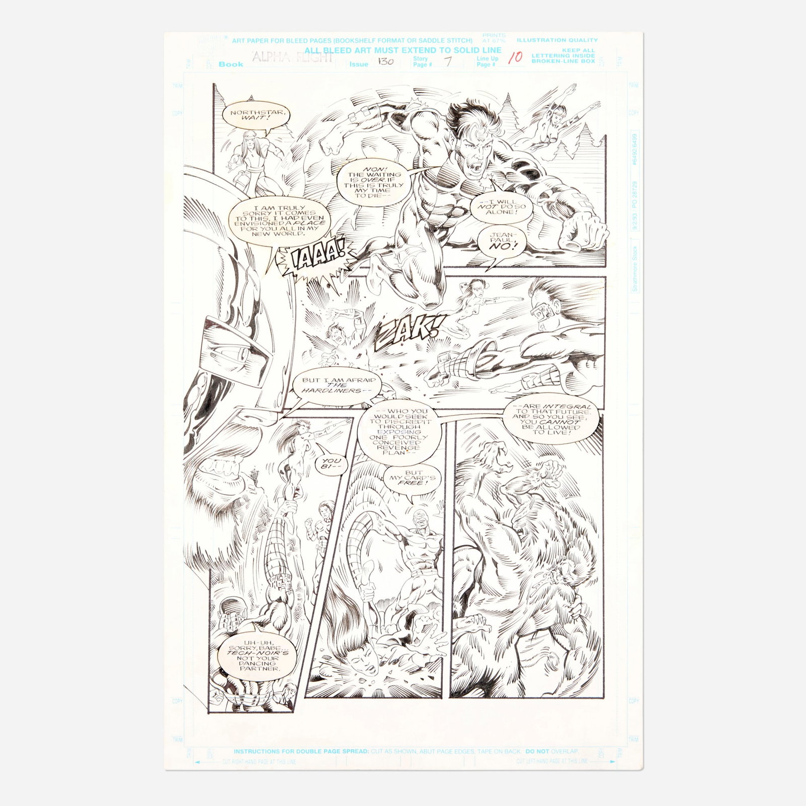 Dario Carrasco, Jr. and Ian Akin, Alpha Flight #130 Story Page 7 Original Art (Marvel Comics, 1994): Dario Carrasco, Jr. and Ian Akin Alpha Flight #130 Story Page 7 Original Art (Marvel Comics, 1994) pencil and ink on Bristol board, word balloons pasted onto artwork 17 h x 11 w in (43 x 28 cm)