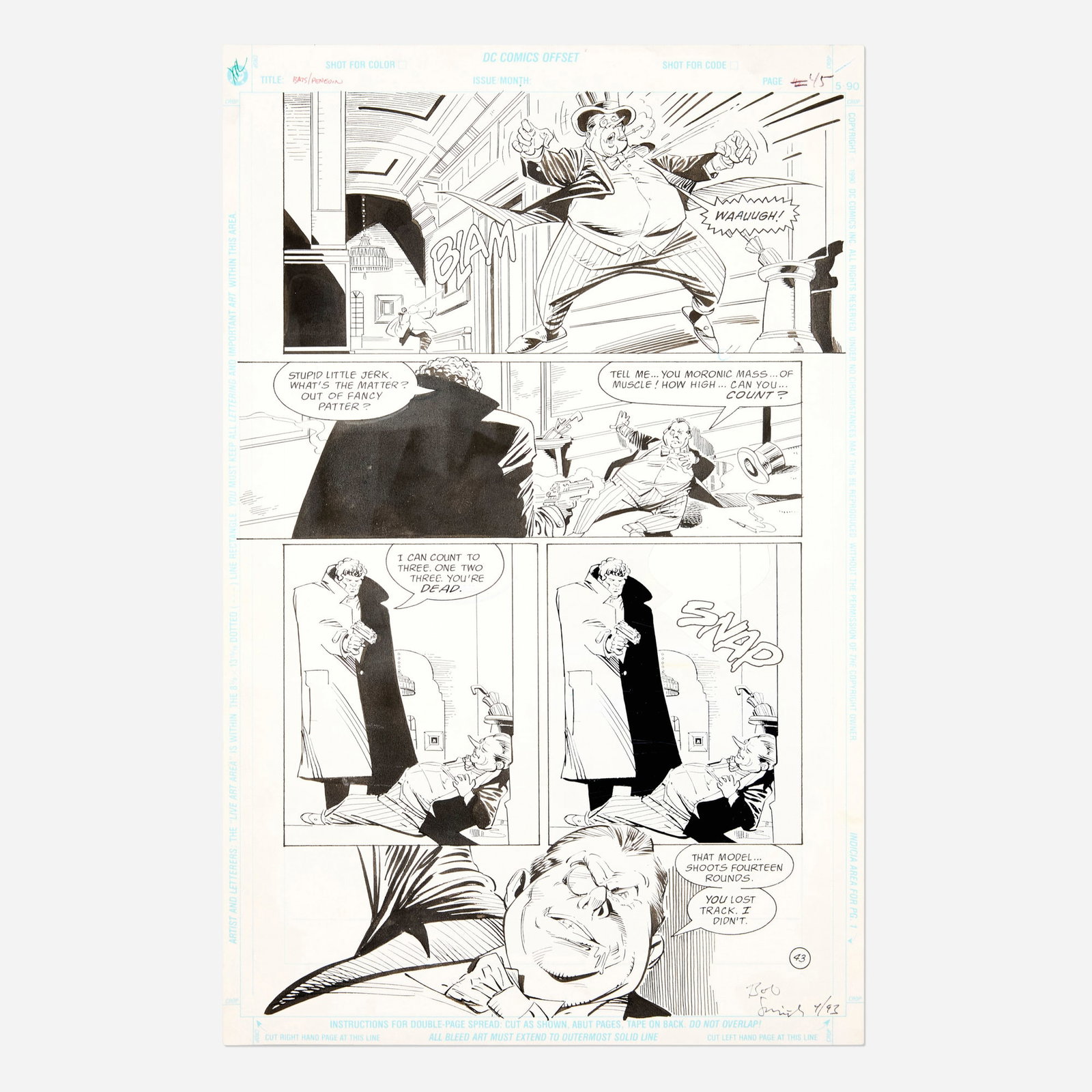 Joe Staton and Bob Smith, Batman: Penguin Triumphant Graphic Novel Story Page 43 Original Art: Joe Staton and Bob Smith Batman: Penguin Triumphant Graphic Novel Story Page 43 Original Art (DC Comics, 1992) pencil and ink on Bristol board, word balloons inked directly on board 17 h x 11 w in