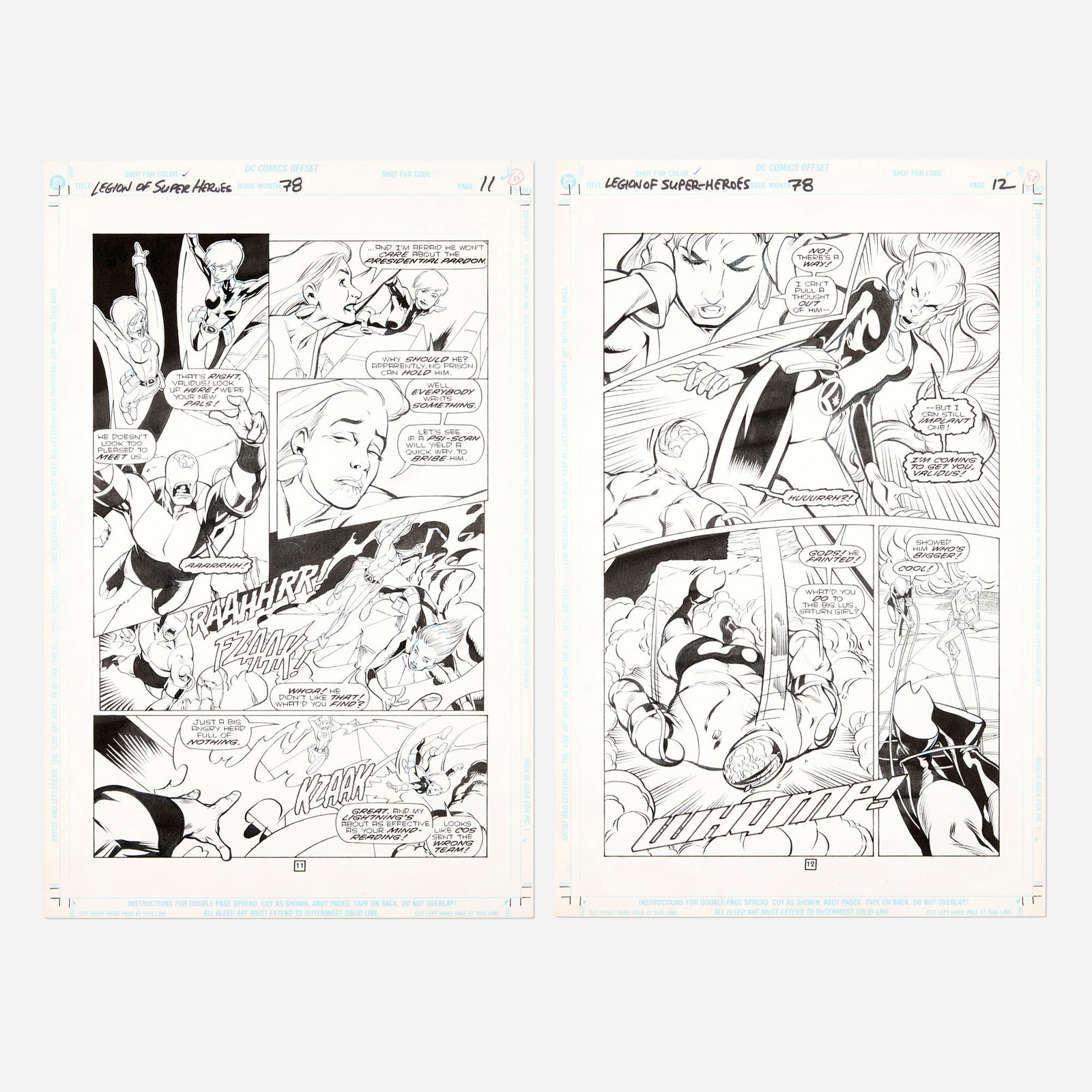 Lee Moder and Ron Boyd, Legion of Super-Heroes #78 Story Pages 11 and 12 Original Art: Lee Moder and Ron Boyd Legion of Super-Heroes #78 Story Pages 11 and 12 Original Art (DC Comics, 1996) pencil and ink on Bristol board, word balloons inked directly on board 17 h x 11 w in (43 x 28 cm