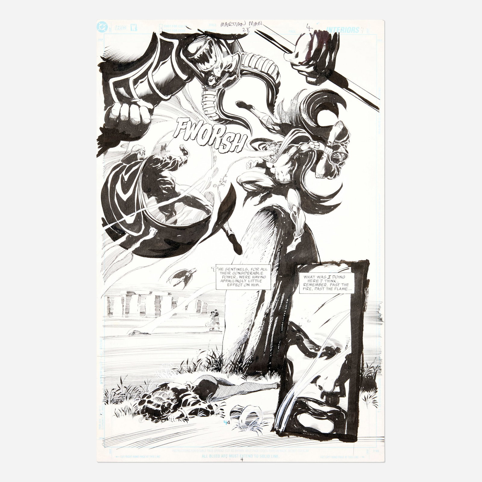 Tom Mandrake, Martian Manhunter #28 Story Page 4 Original Art (DC Comics, 2001): Tom Mandrake Martian Manhunter #28 Story Page 4 Original Art (DC Comics, 2001) pencil and ink on Bristol board, word balloons inked directly on board 17 h x 11 w in (43 x 28 cm) Condition No