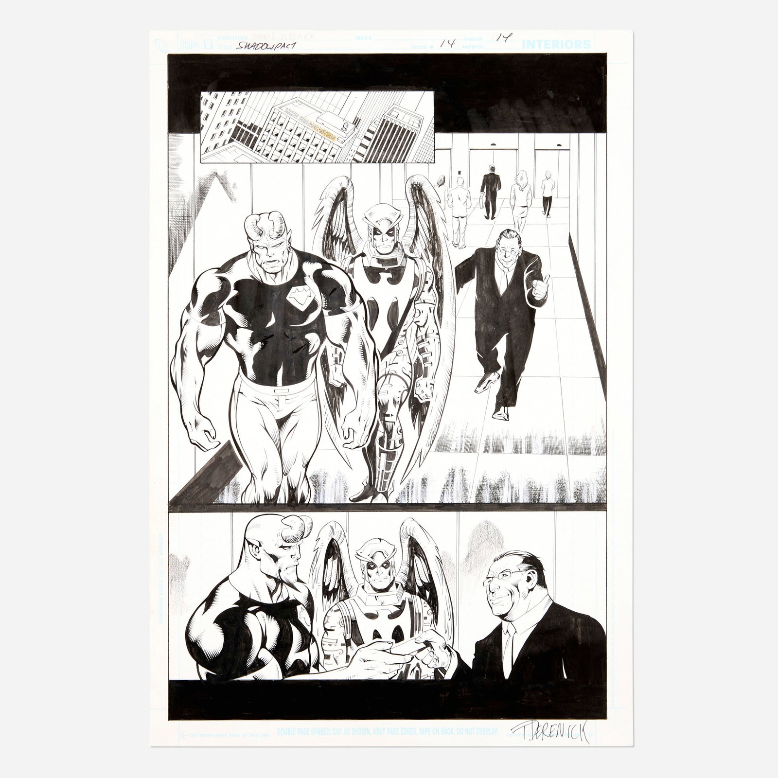 Tom Derenick and Wayne Faucher, Shadowpact #14 Story Page 14 Original Art (DC Comics, 2007): Tom Derenick and Wayne Faucher Shadowpact #14 Story Page 14 Original Art (DC Comics, 2007) pencil and ink on Bristol board 17 h x 11.5 w in (43 x 29 cm) Condition Notes: Art is in o
