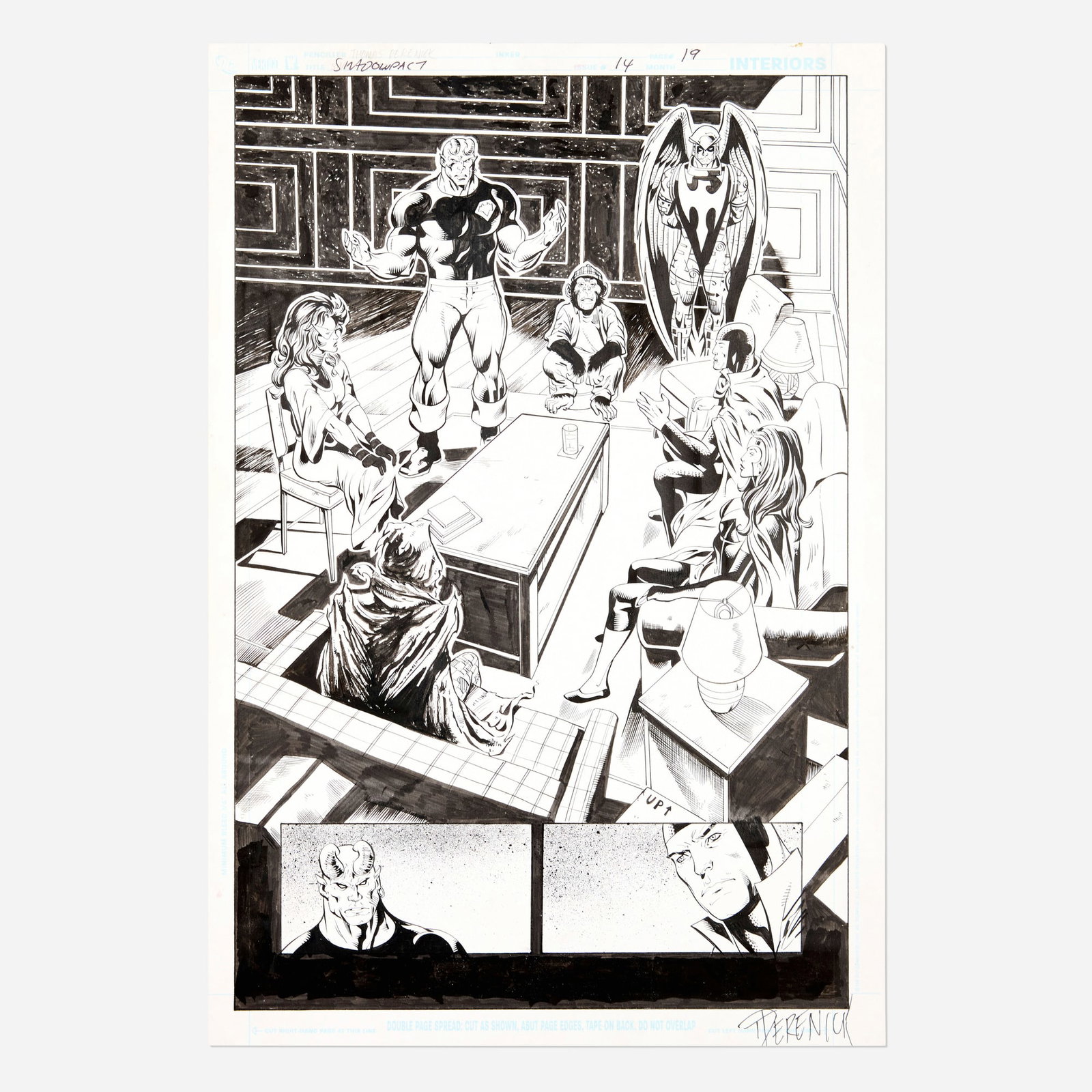 Tom Derenick and Wayne Faucher, Shadowpact #14 Story Page 19 Original Art (DC Comics, 2007): Tom Derenick and Wayne Faucher Shadowpact #14 Story Page 19 Original Art (DC Comics, 2007) pencil and ink on Bristol board 17 h x 11 w in (43 x 28 cm) Condition Notes: Art is in ove