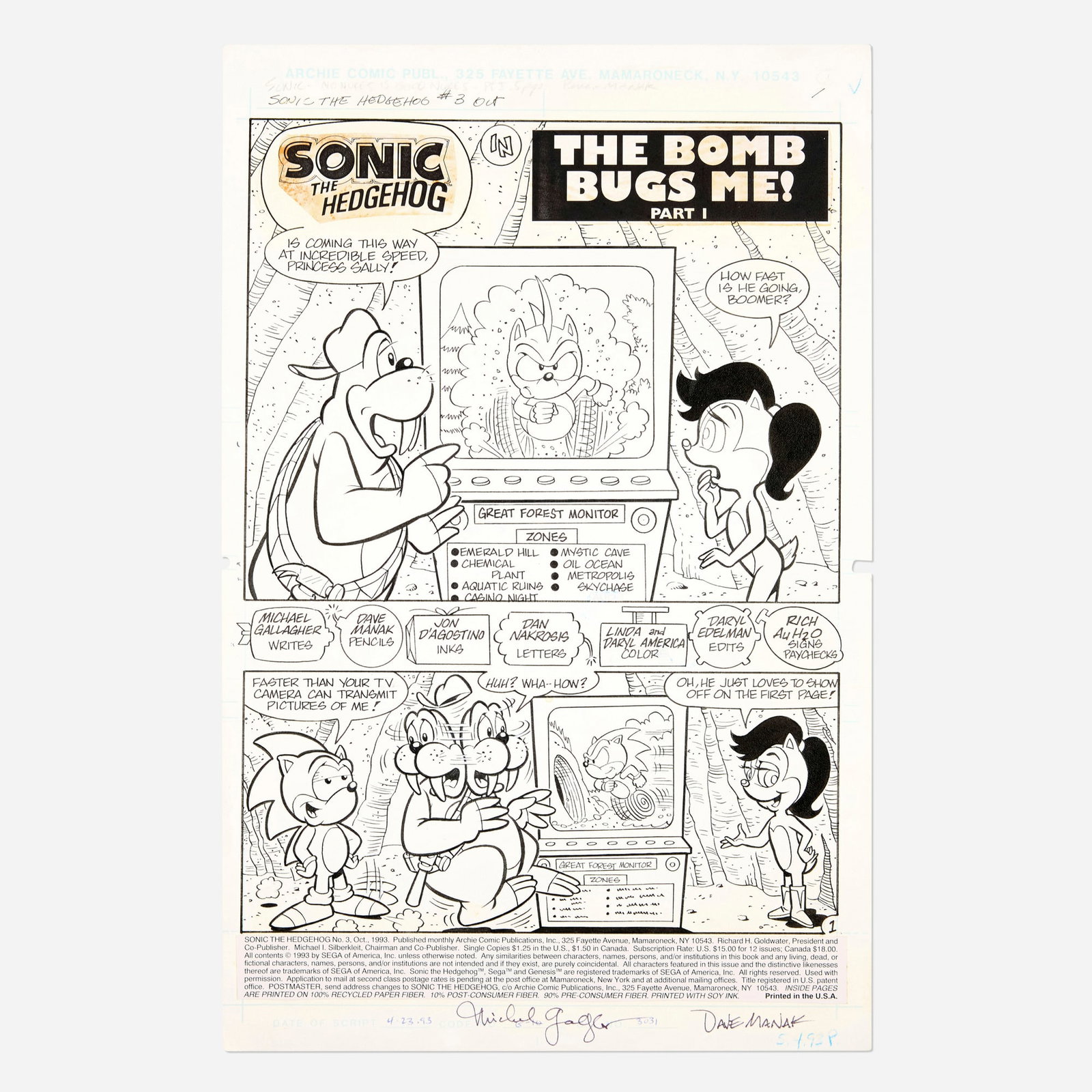 Dave Manak and Jon D'Agostino, Sonic the Hedgehog #3 Story Page 1 Original Art (Archie Comics, 1993) (1 of 1)