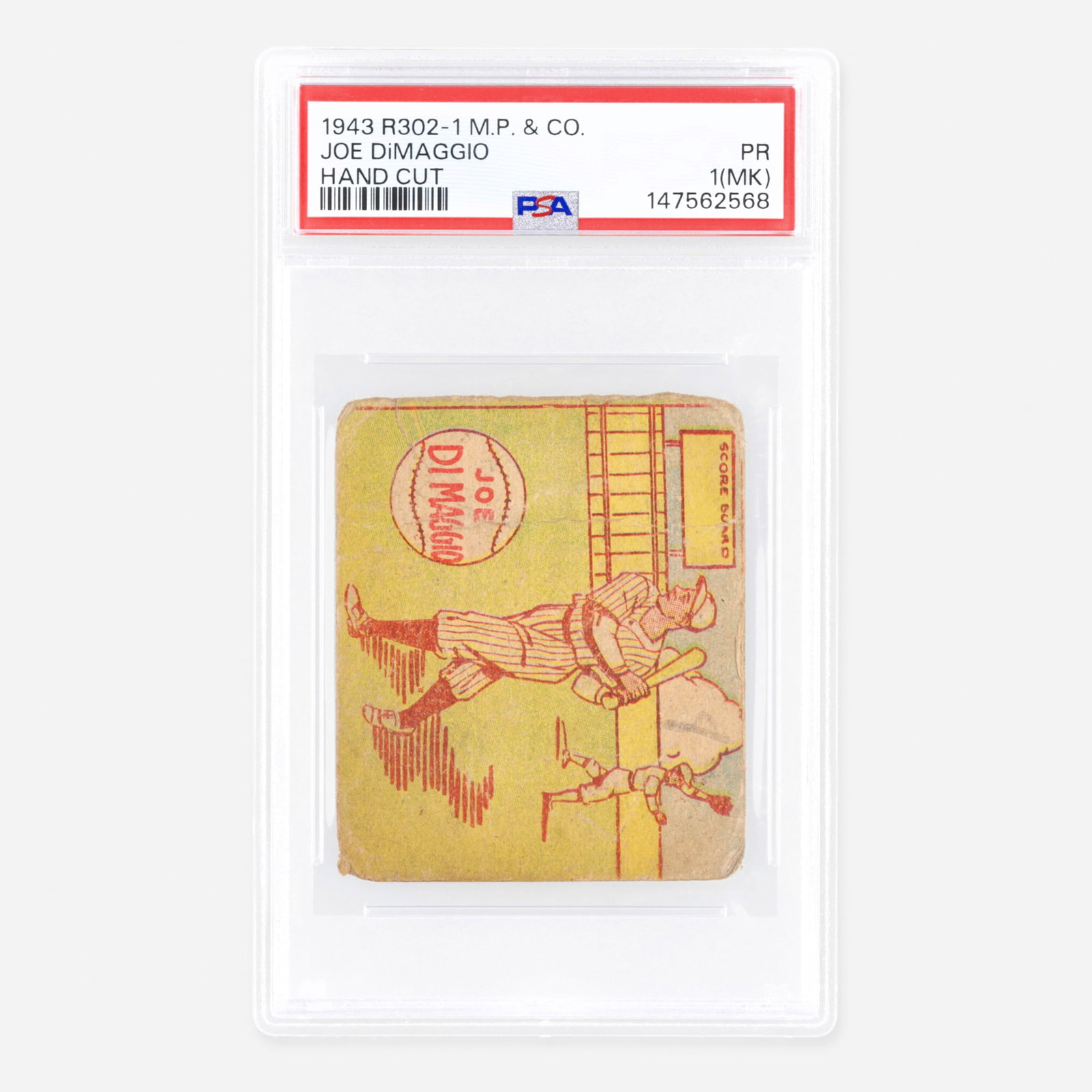 1943 R302-1 M.P. & CO. Baseball Joe DiMaggio Hand Cut PSA 1 (MK): 1943 R302-1 M.P. & CO. Baseball Joe DiMaggio Hand Cut PSA 1 (MK) USA, 1943 PSA#: 147562568