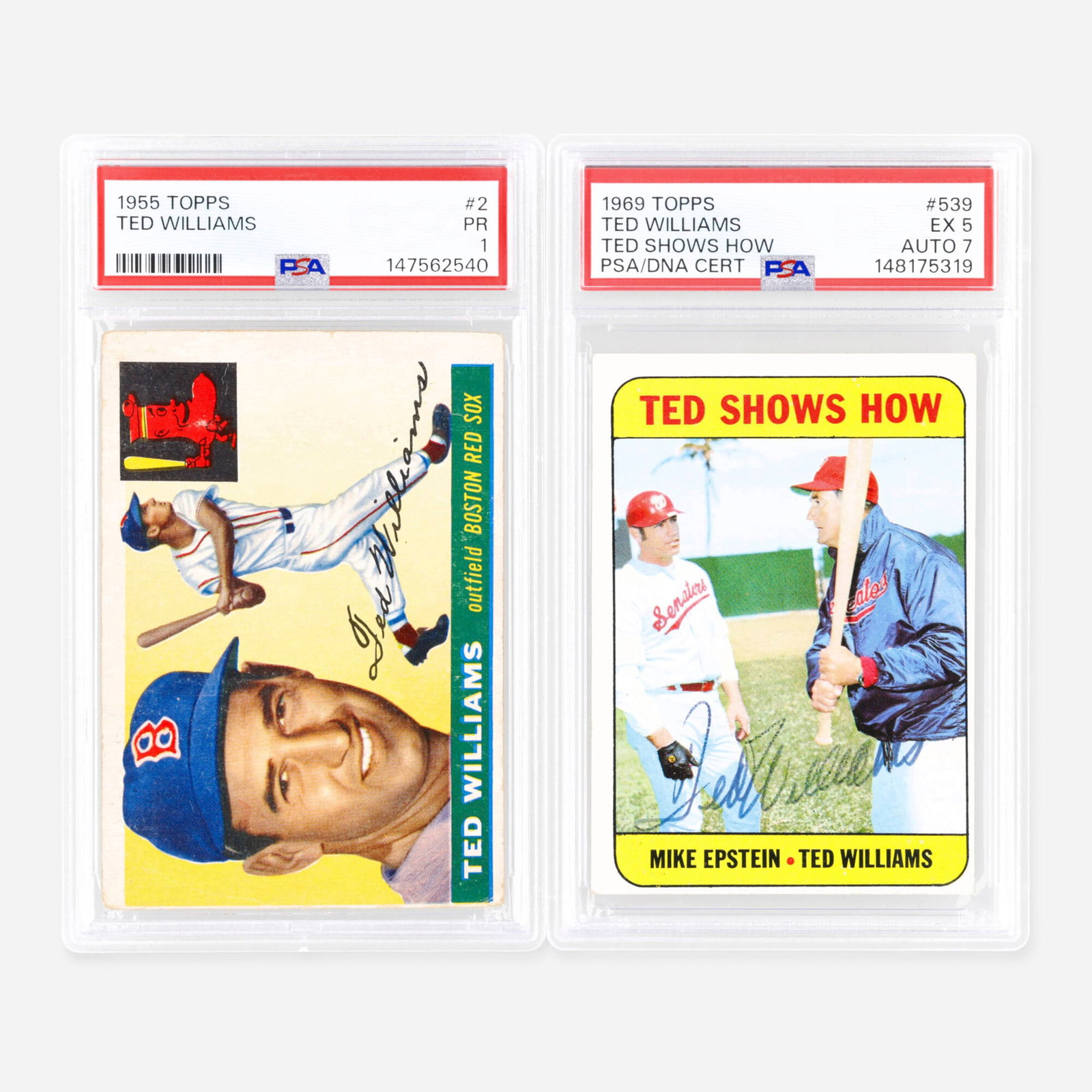 Two 1955 Topps Baseball #2 and 1969 Topps Baseball #539 Ted Williams PSA Card Group (1 of 2)